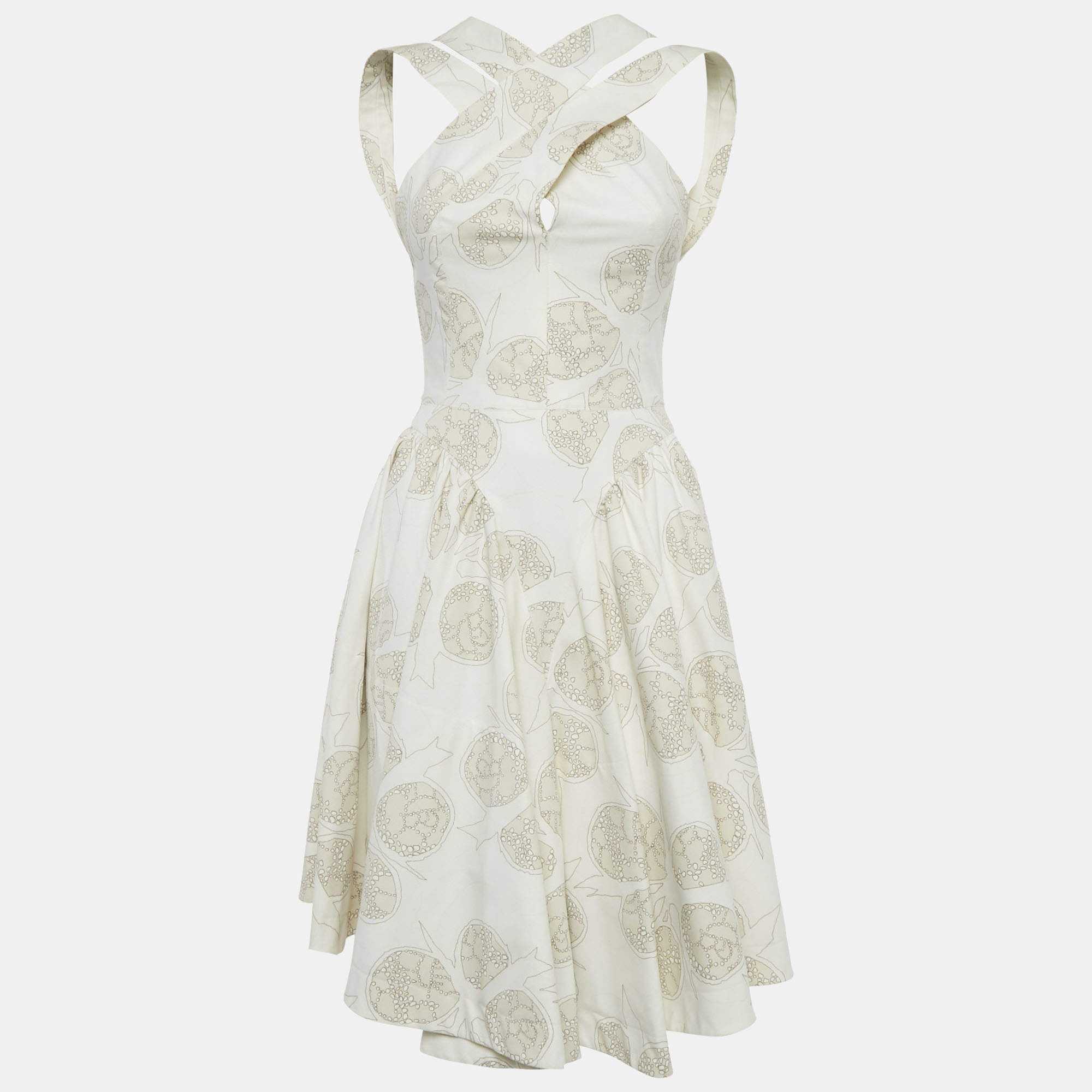 Pre Owned Alaia Off-White Printed Cotton Sleeveless Knee-Length Dress M