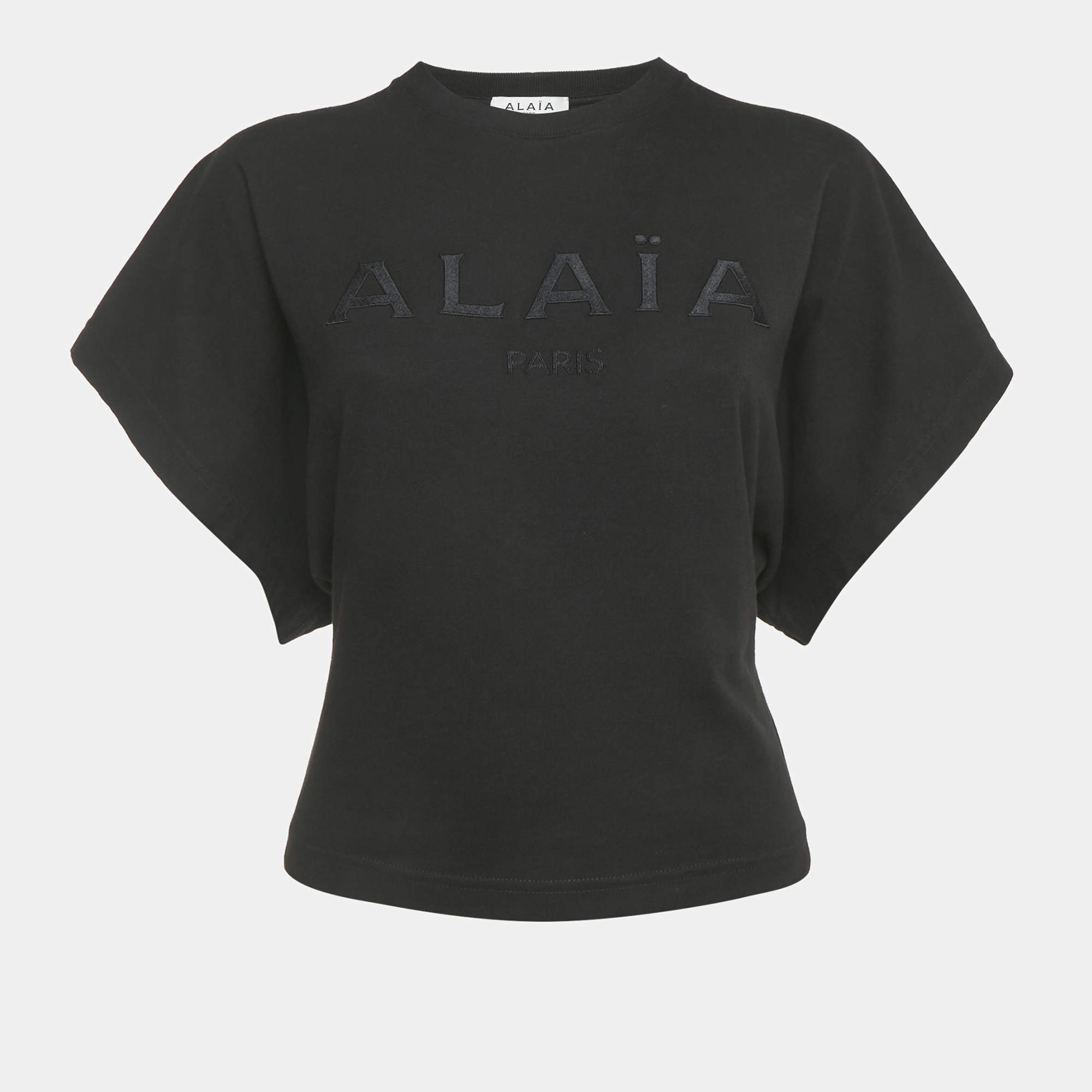 Pre Owned Alaia Black Logo Embroidered Cotton Crew Neck T-Shirt S