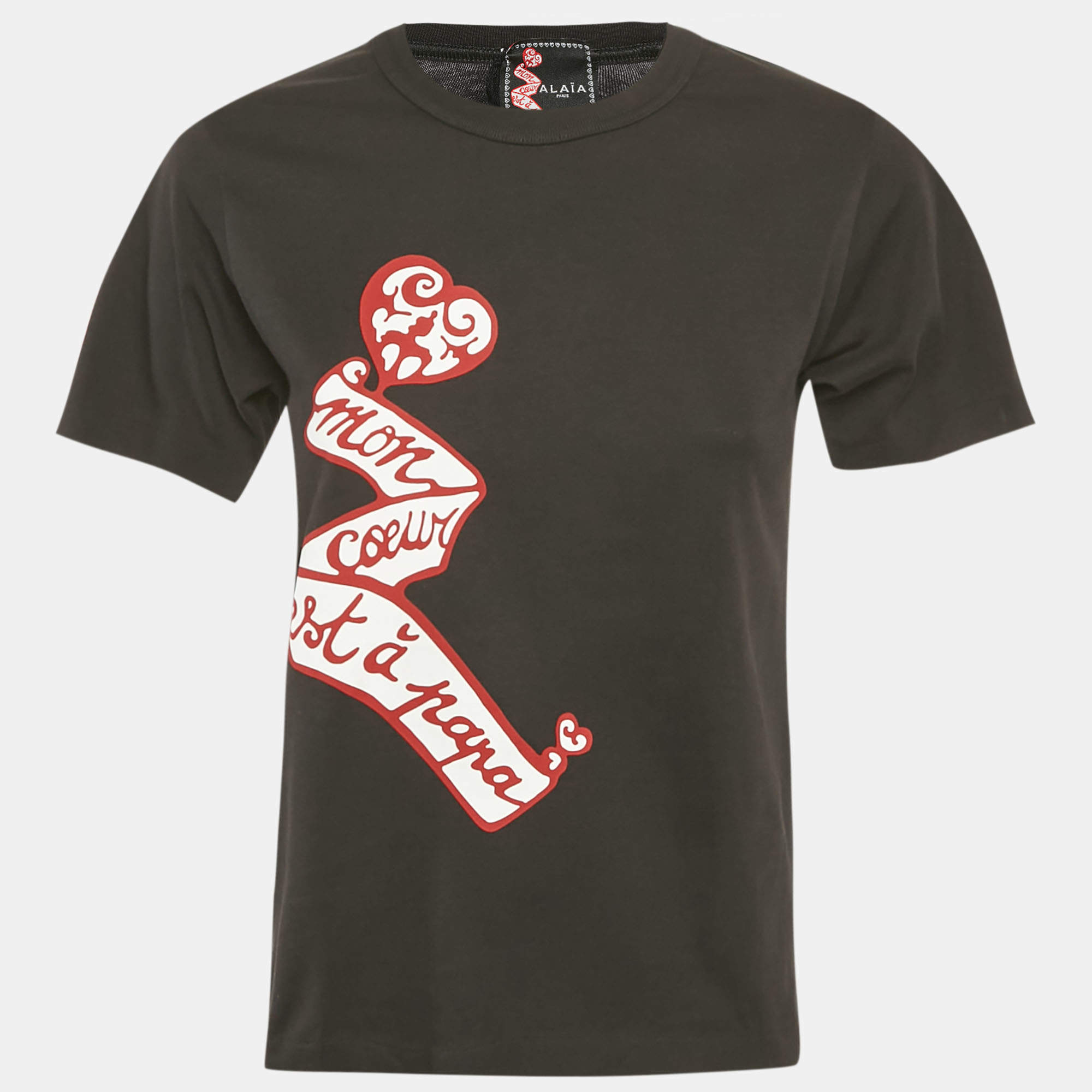 Pre Owned Alaia Black Mon Coeur est à Papa Print Cotton T-Shirt S