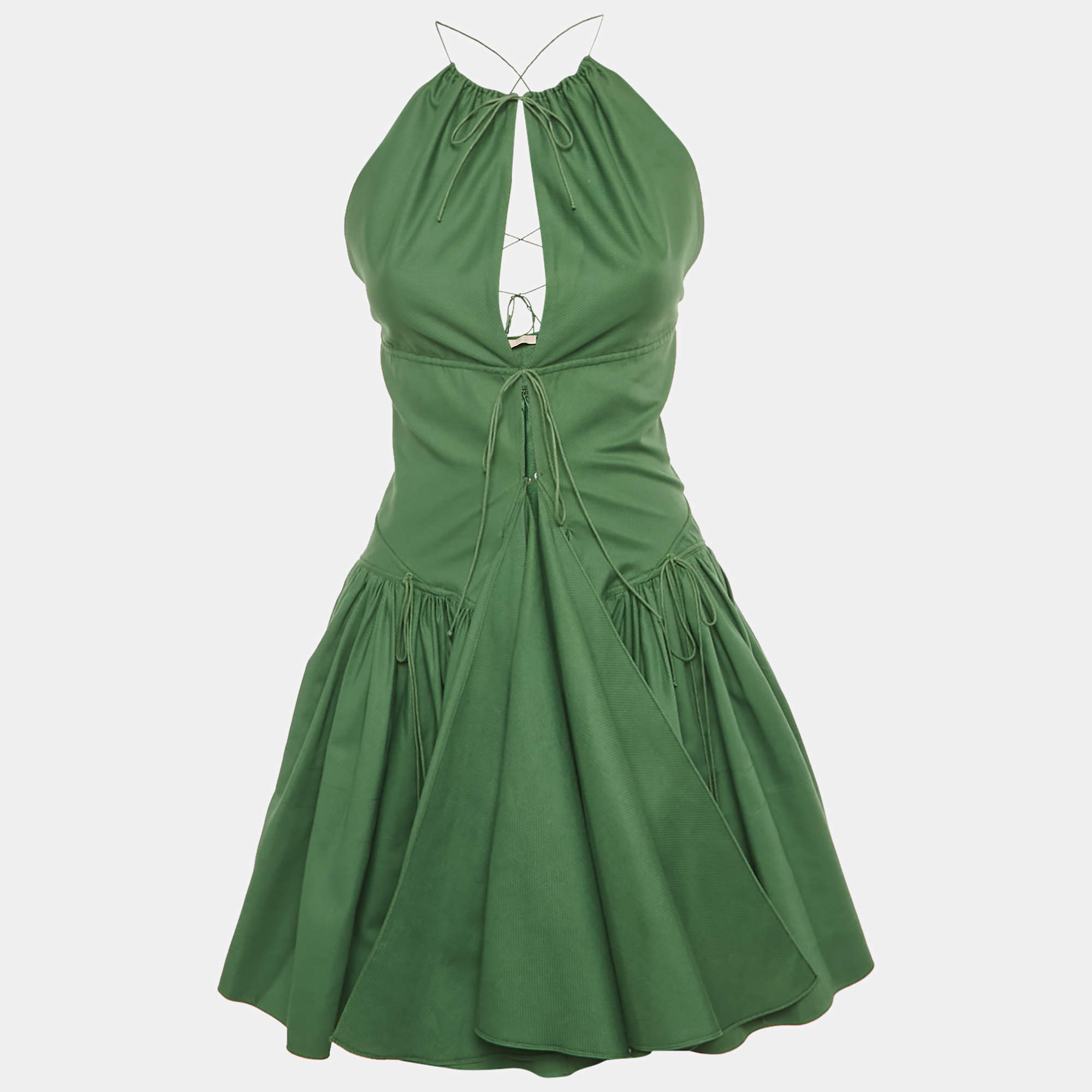 Pre Owned Alaia Green Cotton Lace -Up Gathered Mini Dress M
