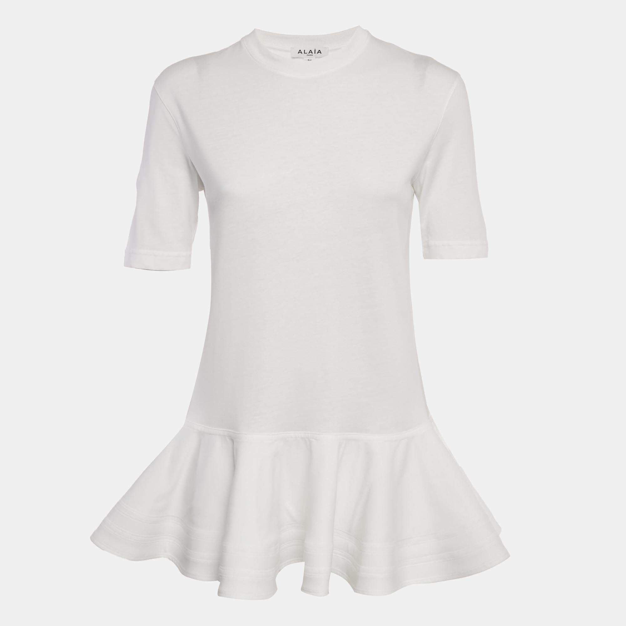 Pre Owned Alaia White Cotton Crew Neck Peplum T-Shirt S