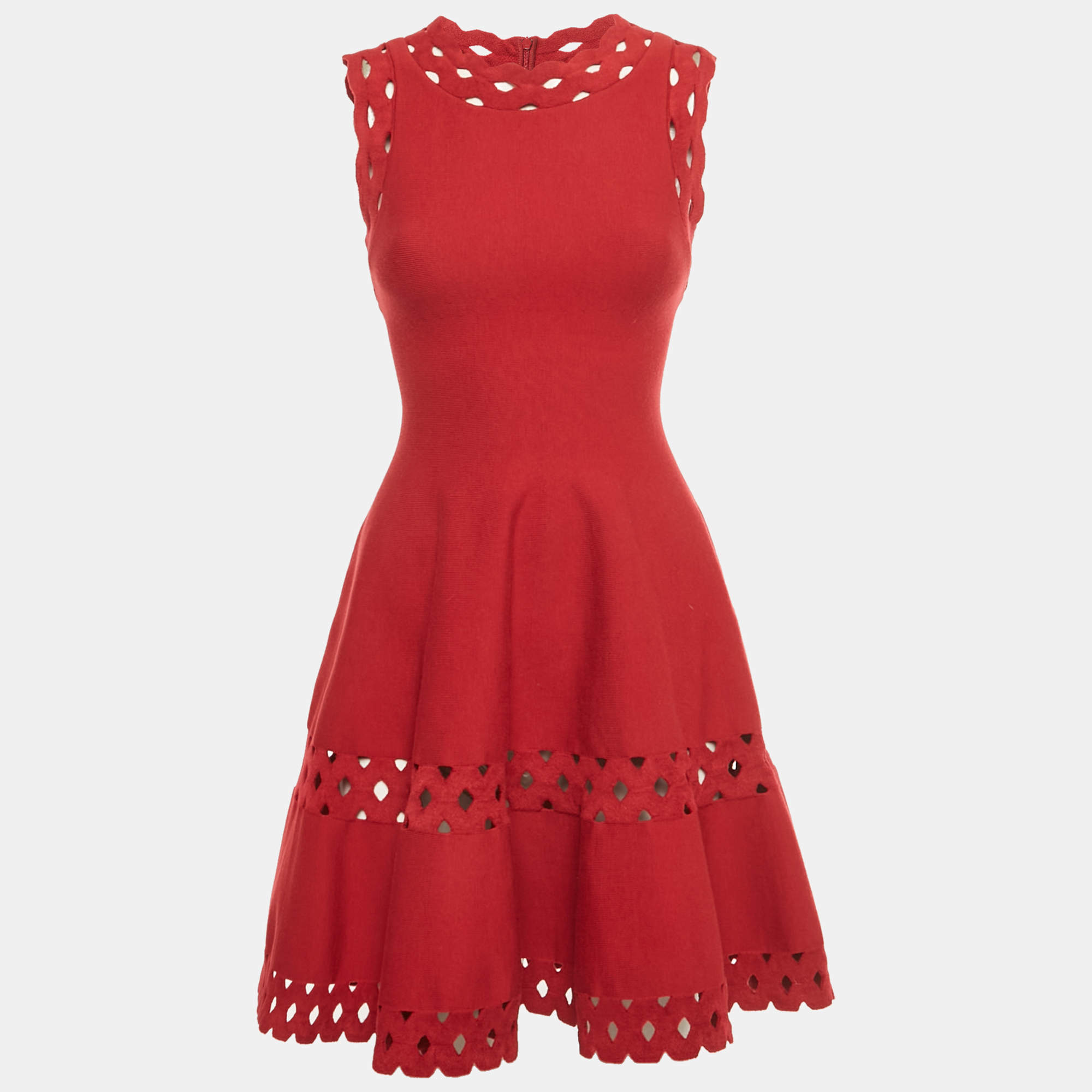Pre Owned Alaia Light Red Stretch Knit Cut-Out Mini Dress S