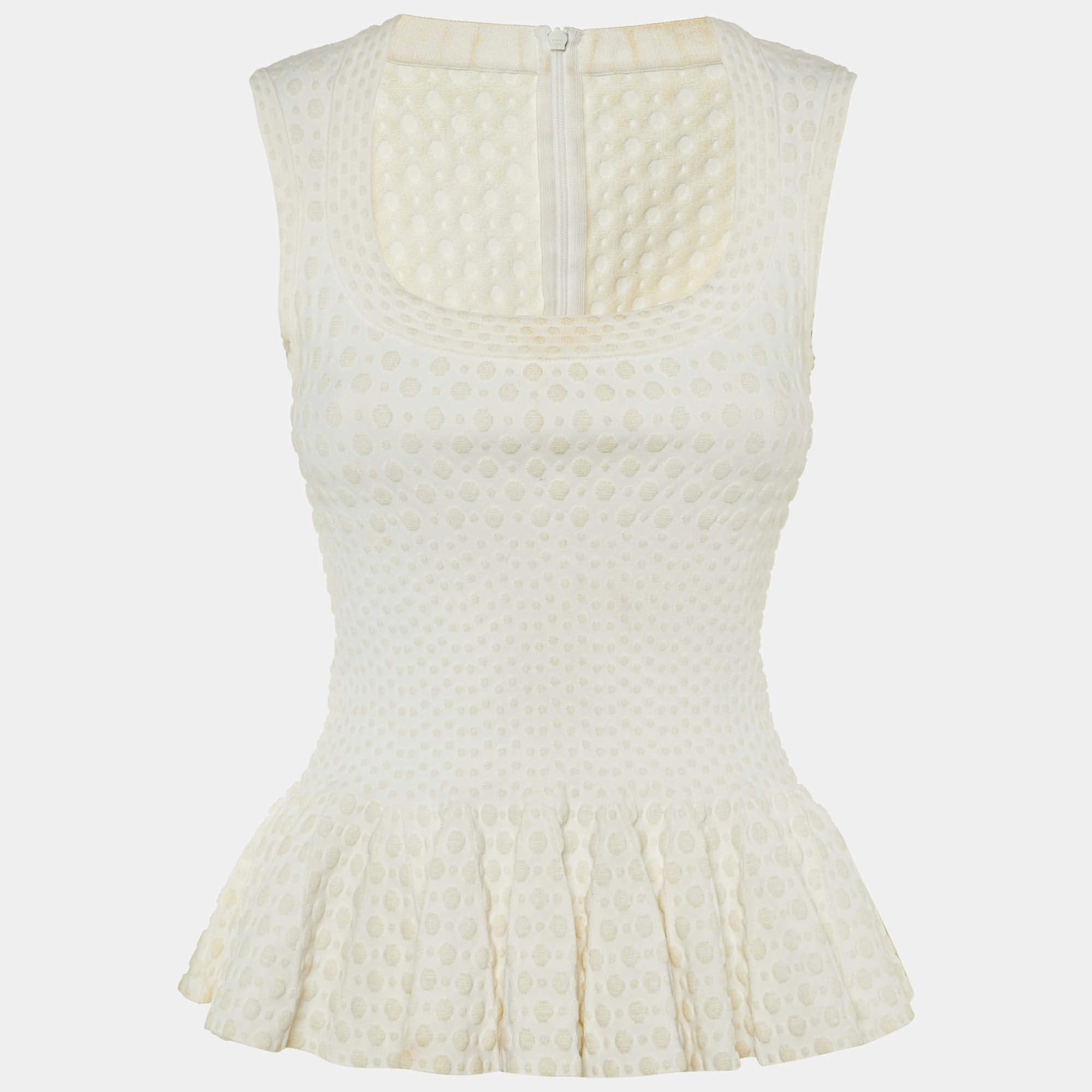 Pre Owned بلوزة علائية عاجية منقطة بحياكة بيبلوم مقاس متوسط (ميديوم)