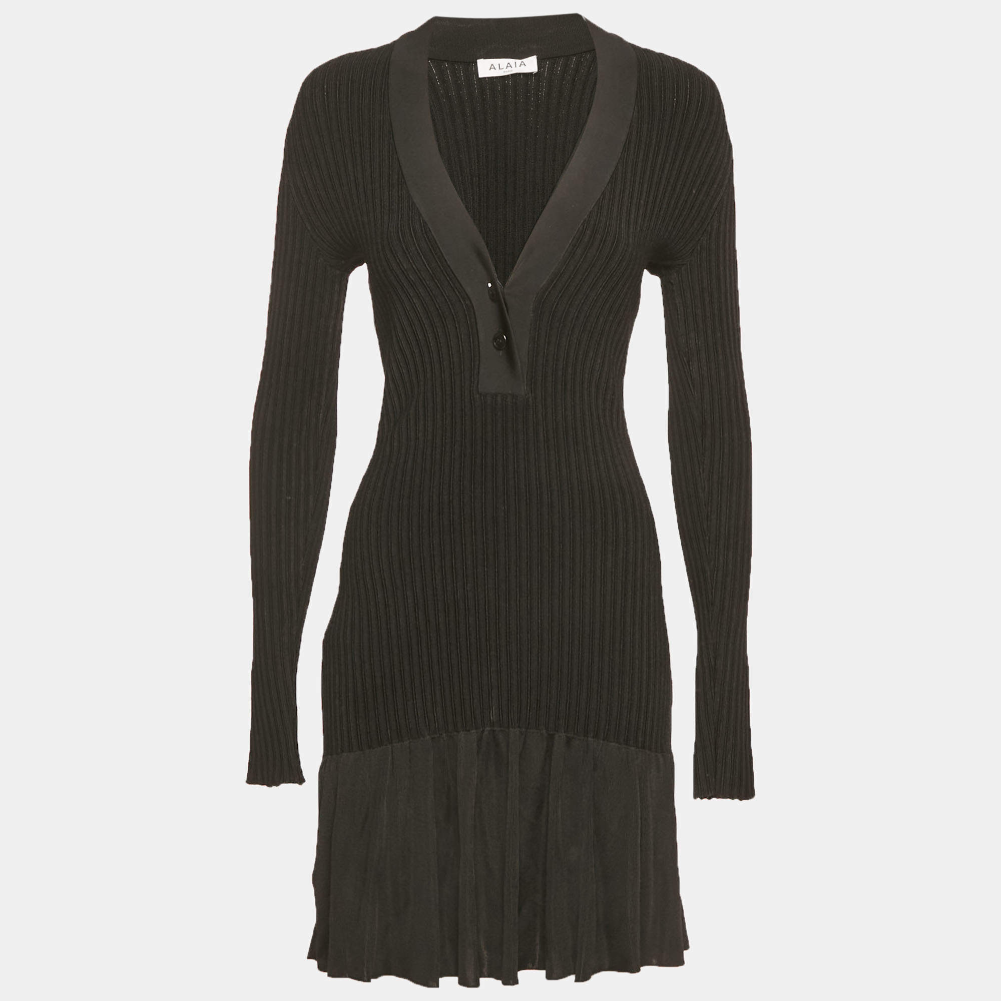 Pre Owned Alaia Black Shiny Silky Rib Knit Flared Mini Dress S