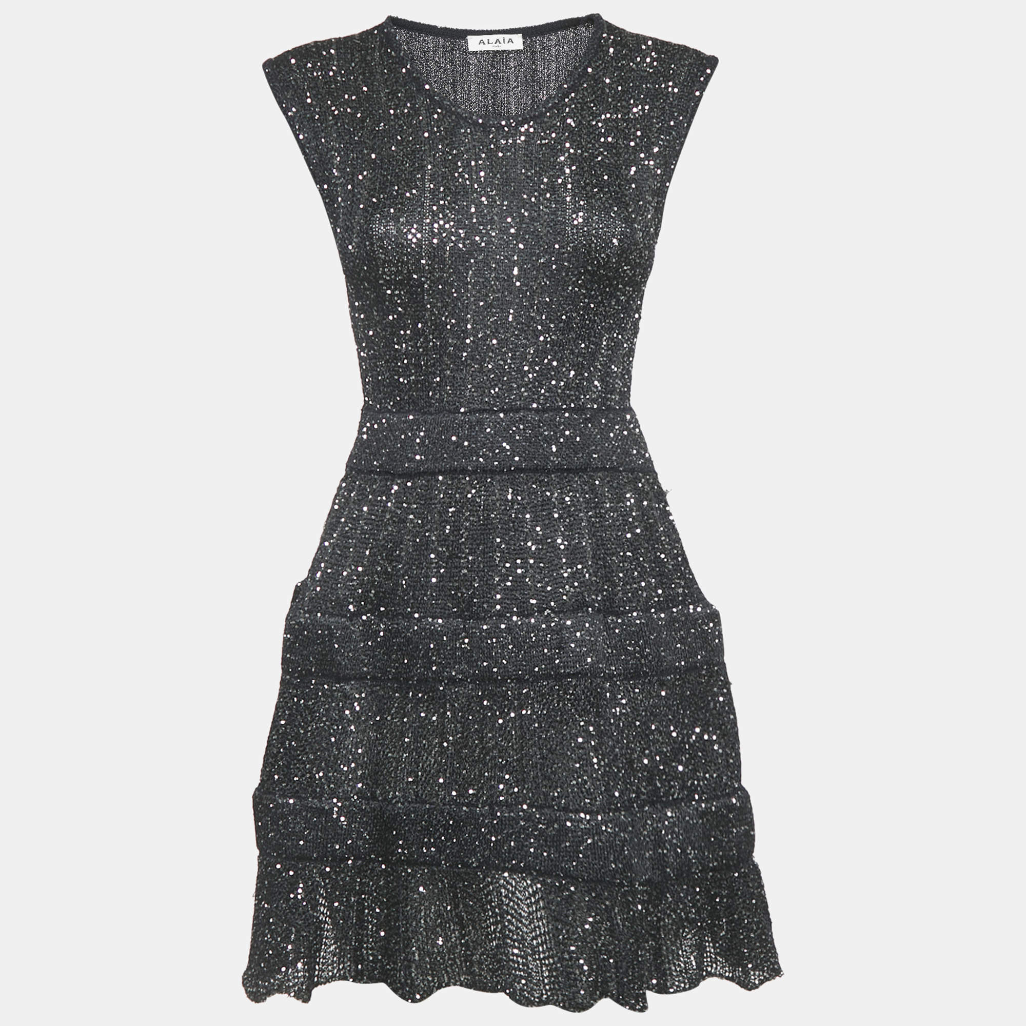 Pre Owned Alaia Navy Blue Sequins Lurex Knit Mini Dress S