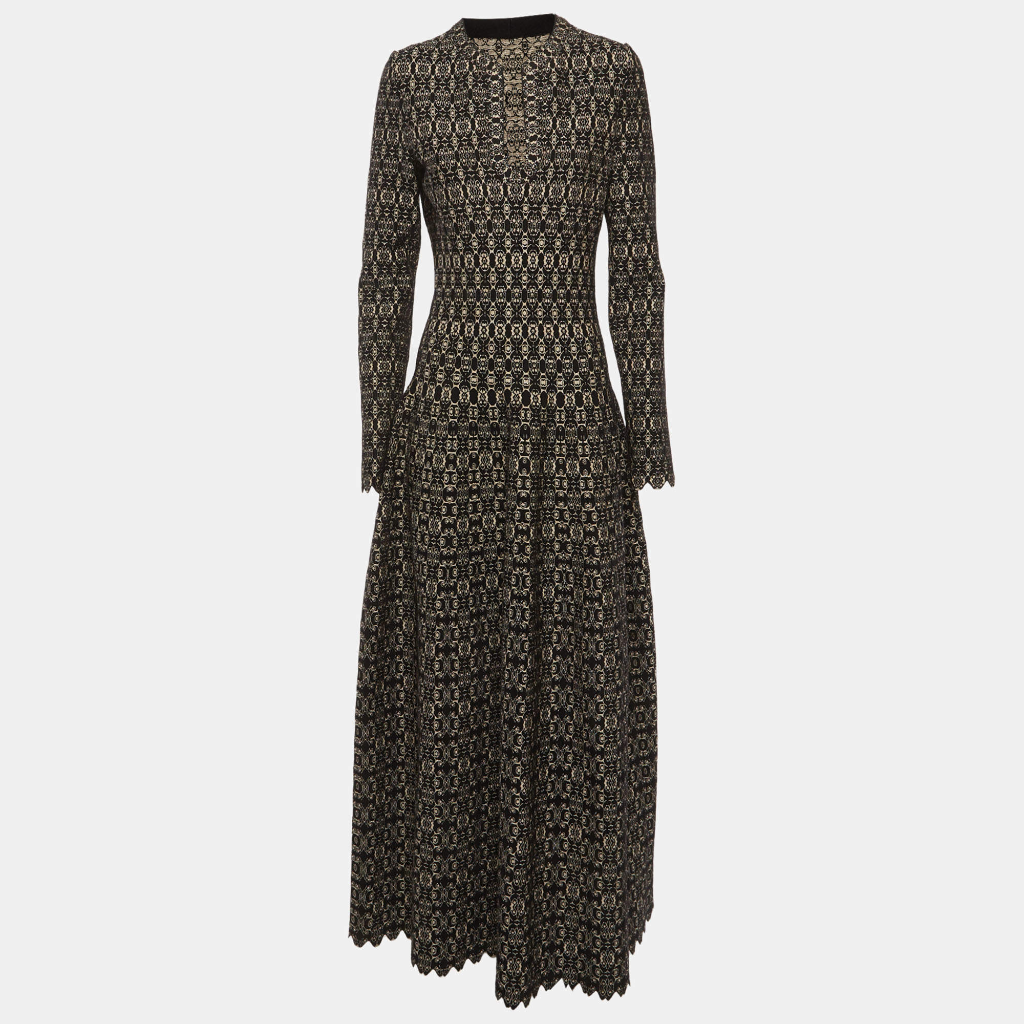 Pre Owned Alaia Black Metallic Stretch Knit Lace Pattern Maxi Dress L