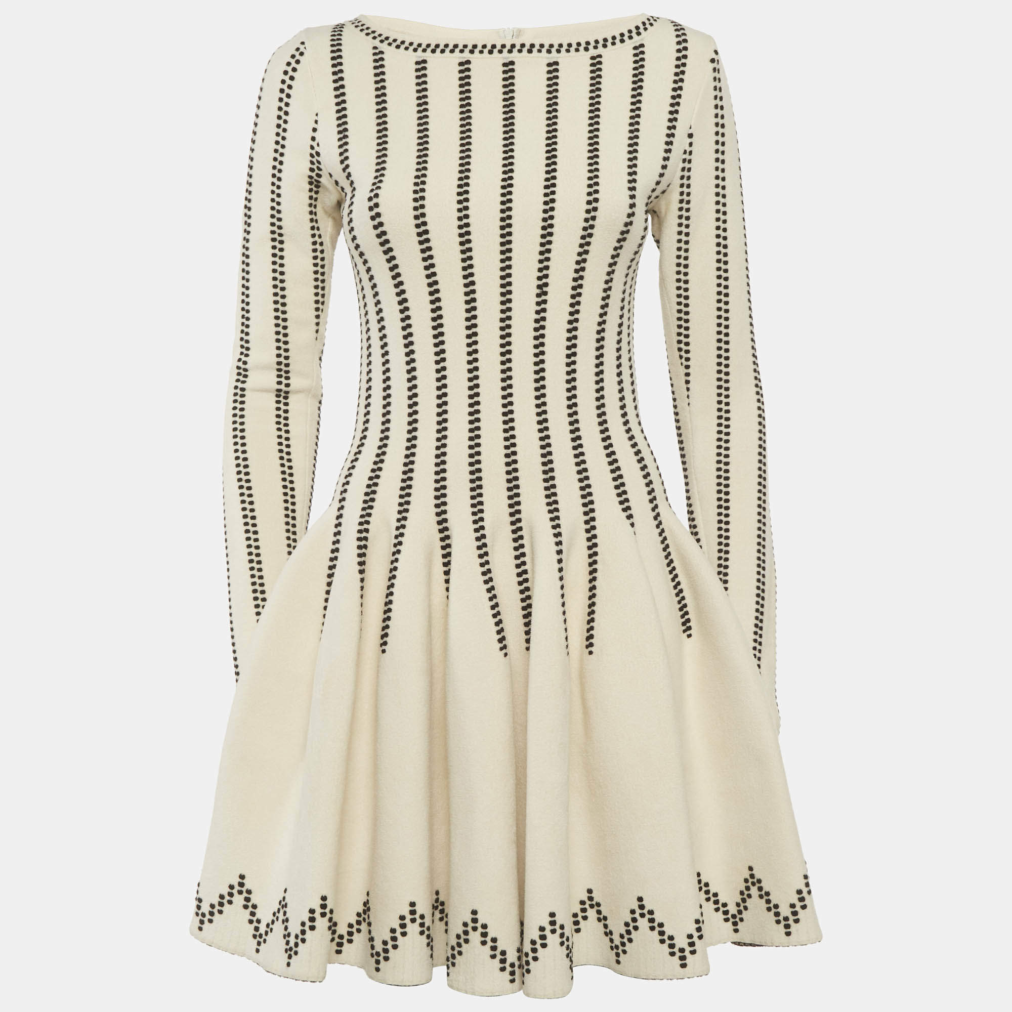 Pre Owned Alaia Beige Stripe Intarsia Stretch Knit Flared Mini Dress S