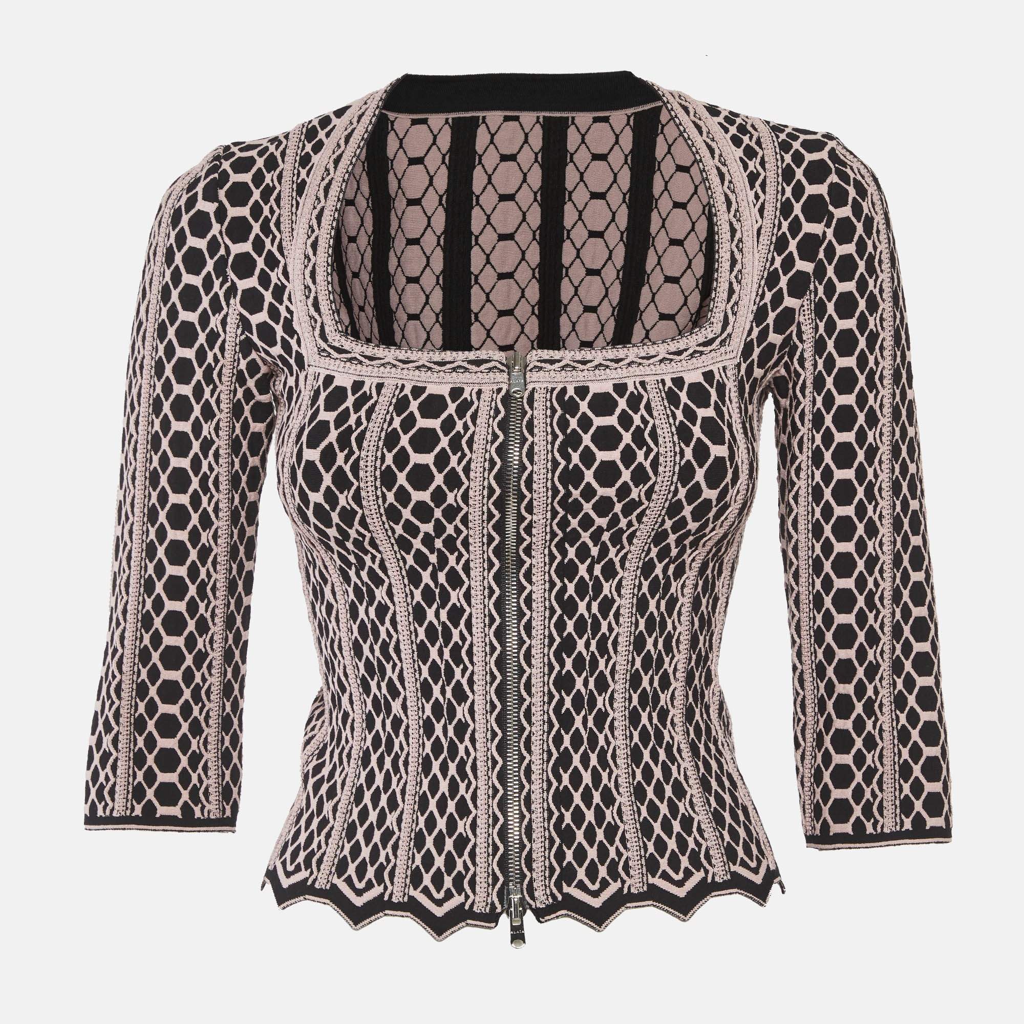Pre Owned Alaia Black/Pink Vienne Pattern Stretch Knit Top S