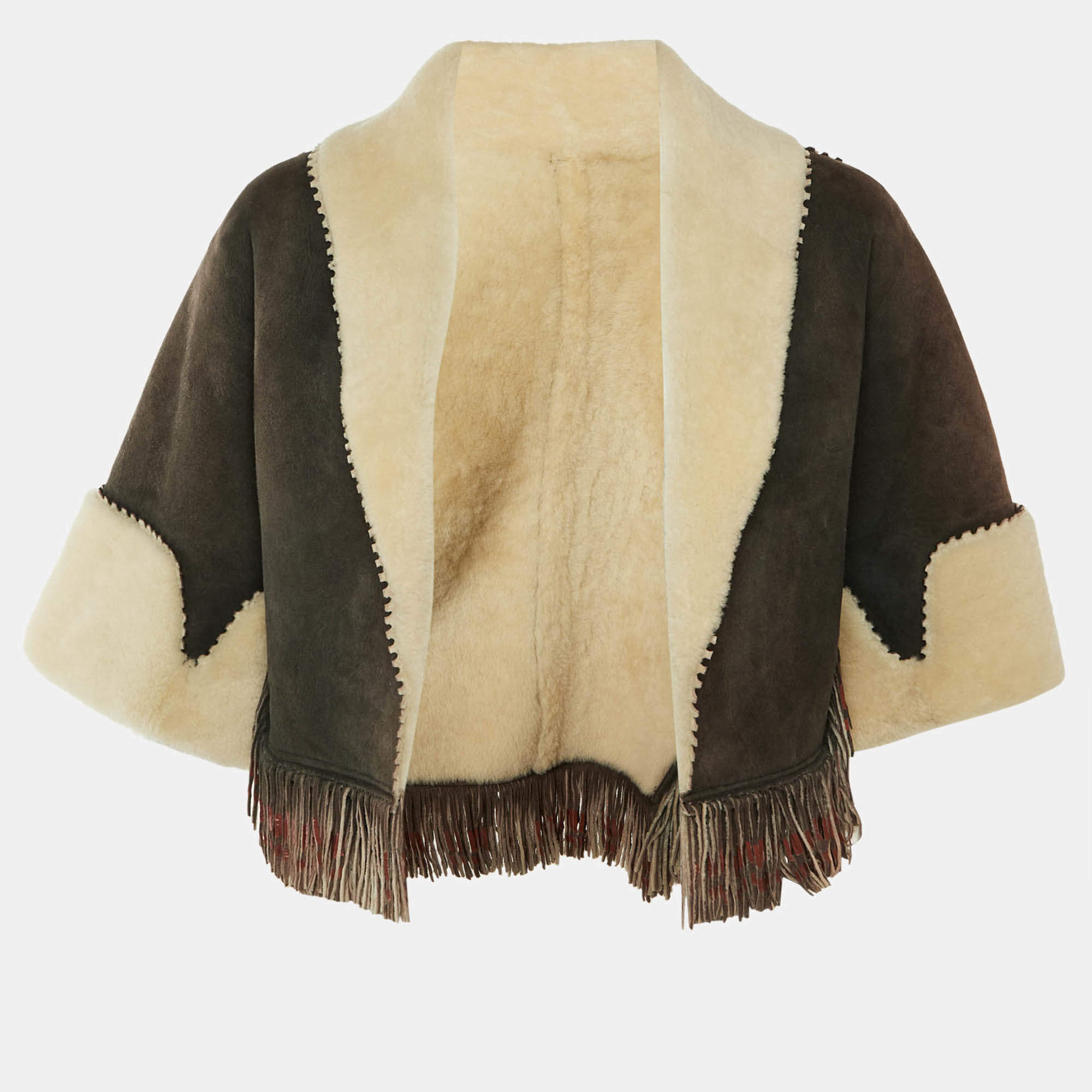 Pre Owned Alaia Brown/Black Shearling Fringed Cropped Jacket M