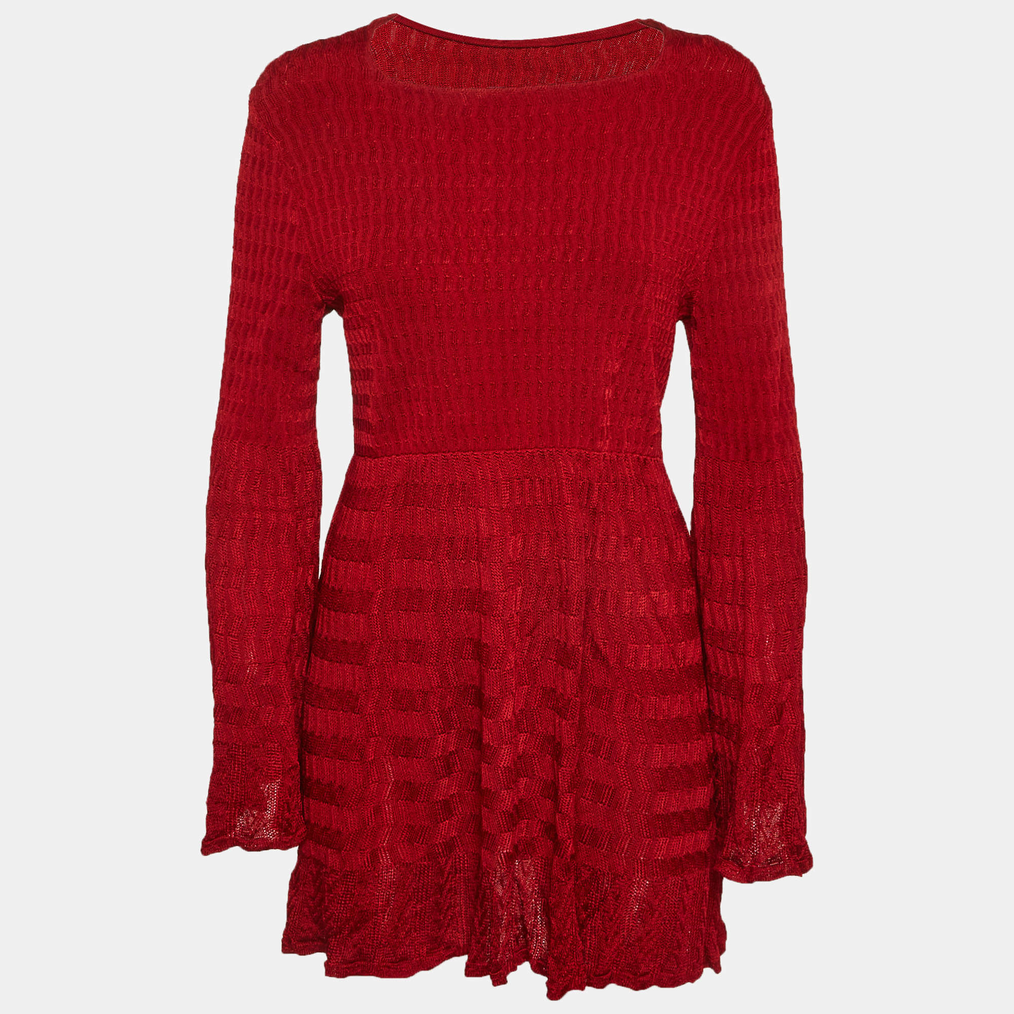Pre Owned Alaia Red Textured Knit Flared Mini Dress L