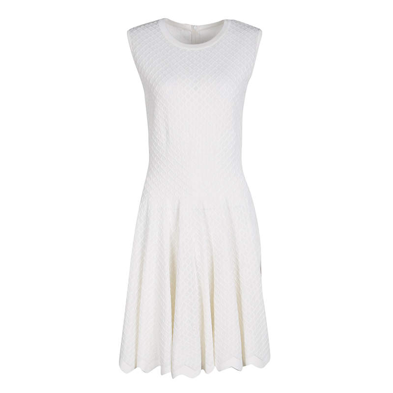 Alaia White Knit Embroidered Chevron Hem Fit and Flare Dress M