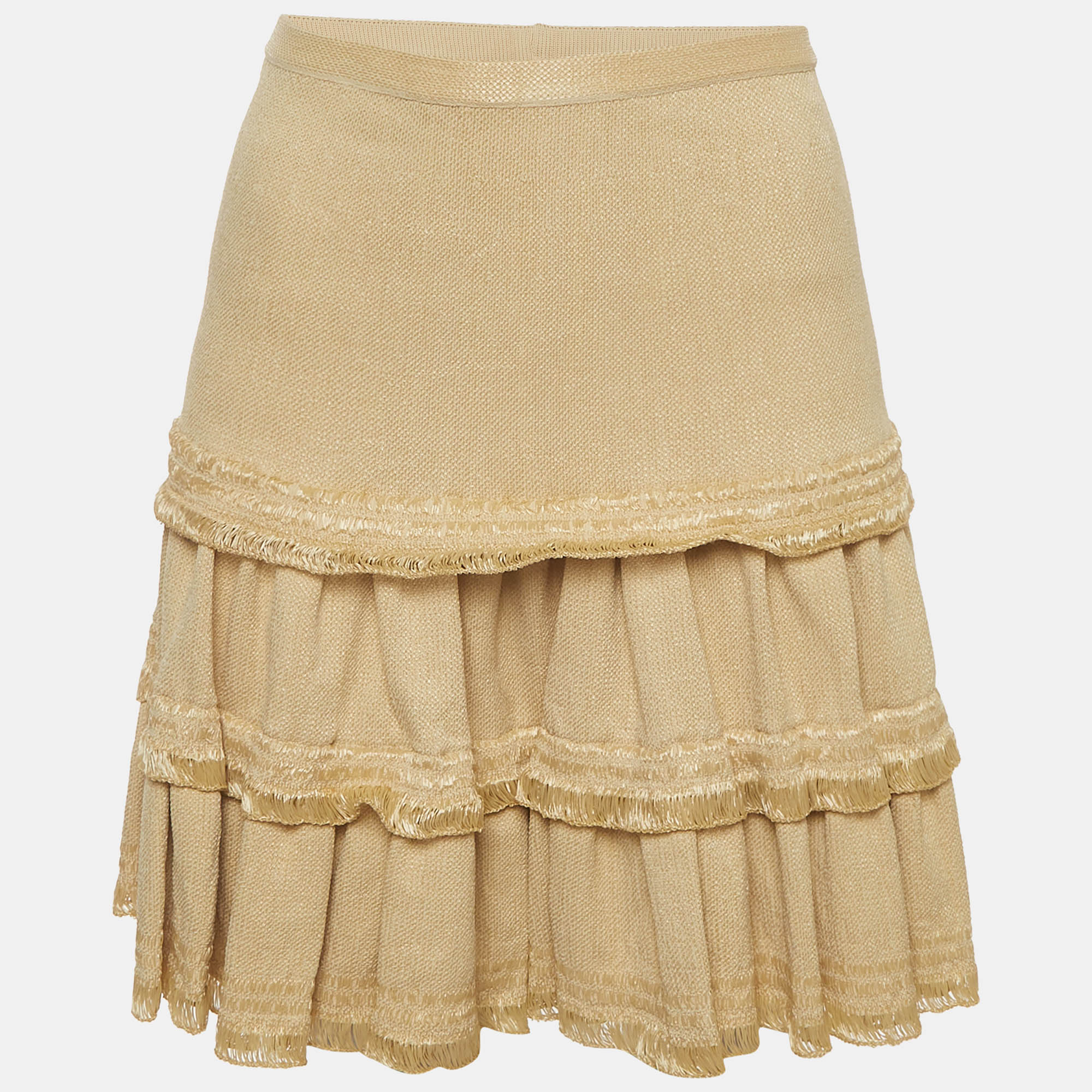 Pre Owned Alaia Beige Beige Textured Raffia Knit Flared Tiered Mini Skirt M