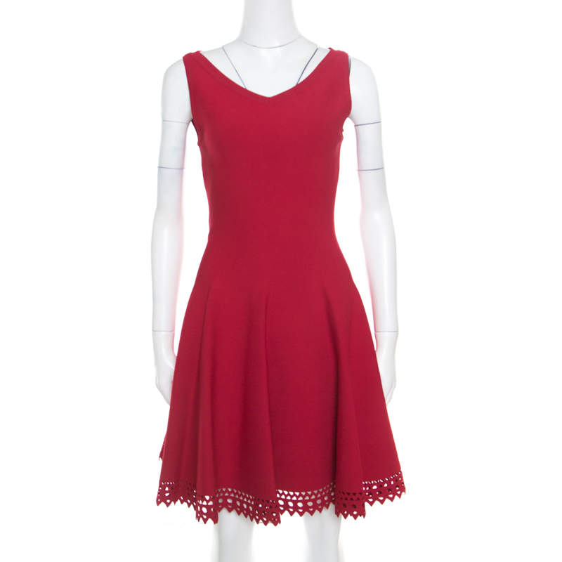 Pre Owned Alaia Ruby Red Stretch Knit Laser Cut Hem Detail Flared Mini Dress M