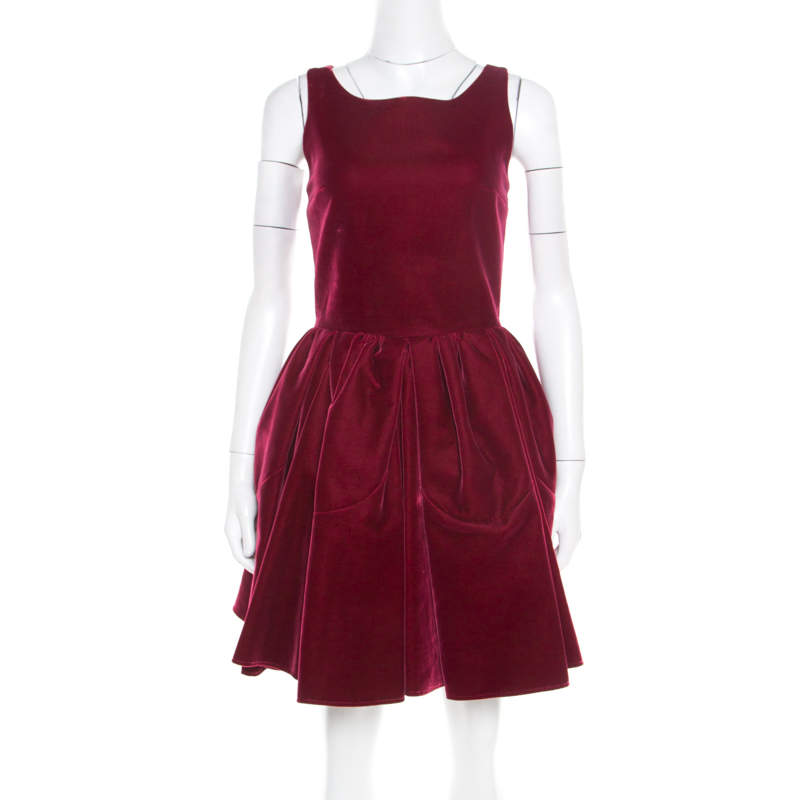 Pre Owned Alaia Burgundy Velvet Sleeveless Gathered Dress M