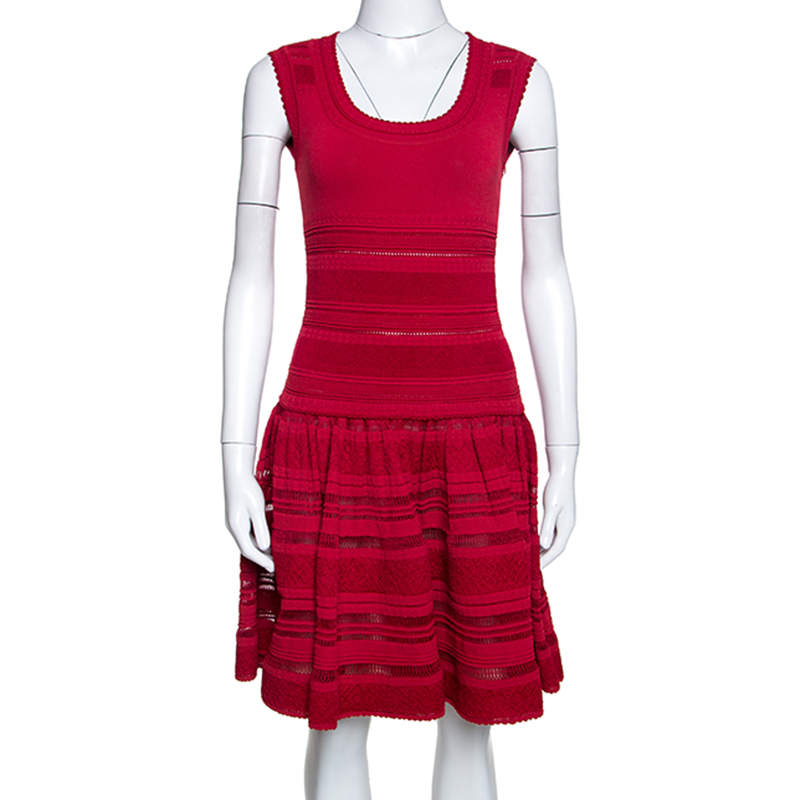 Pre Owned Alaia Dark Red Textured Pointelle Knit Fit and Flare Dress M
