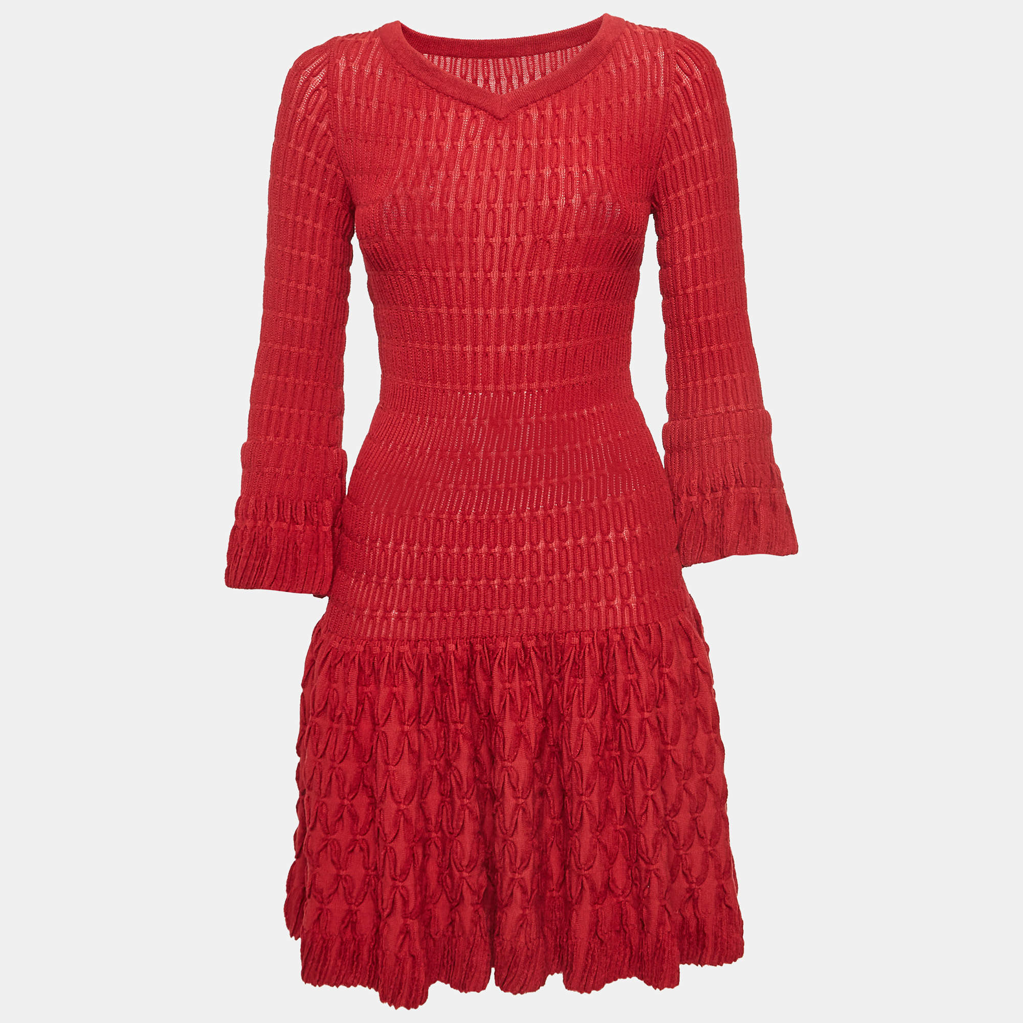 Alaia Red Chenille Wool Patterned Long Sleeve Skater Dress M