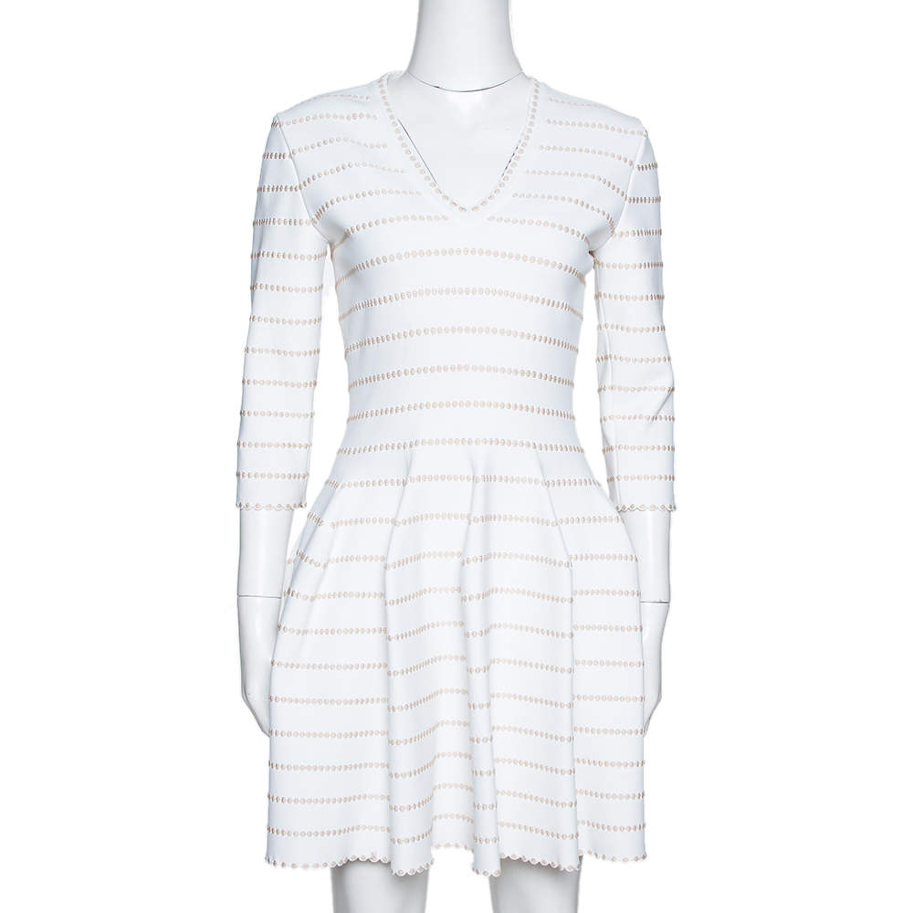 Pre Owned Alaia White & Beige Dotted Knit Fit & Flare Dress M