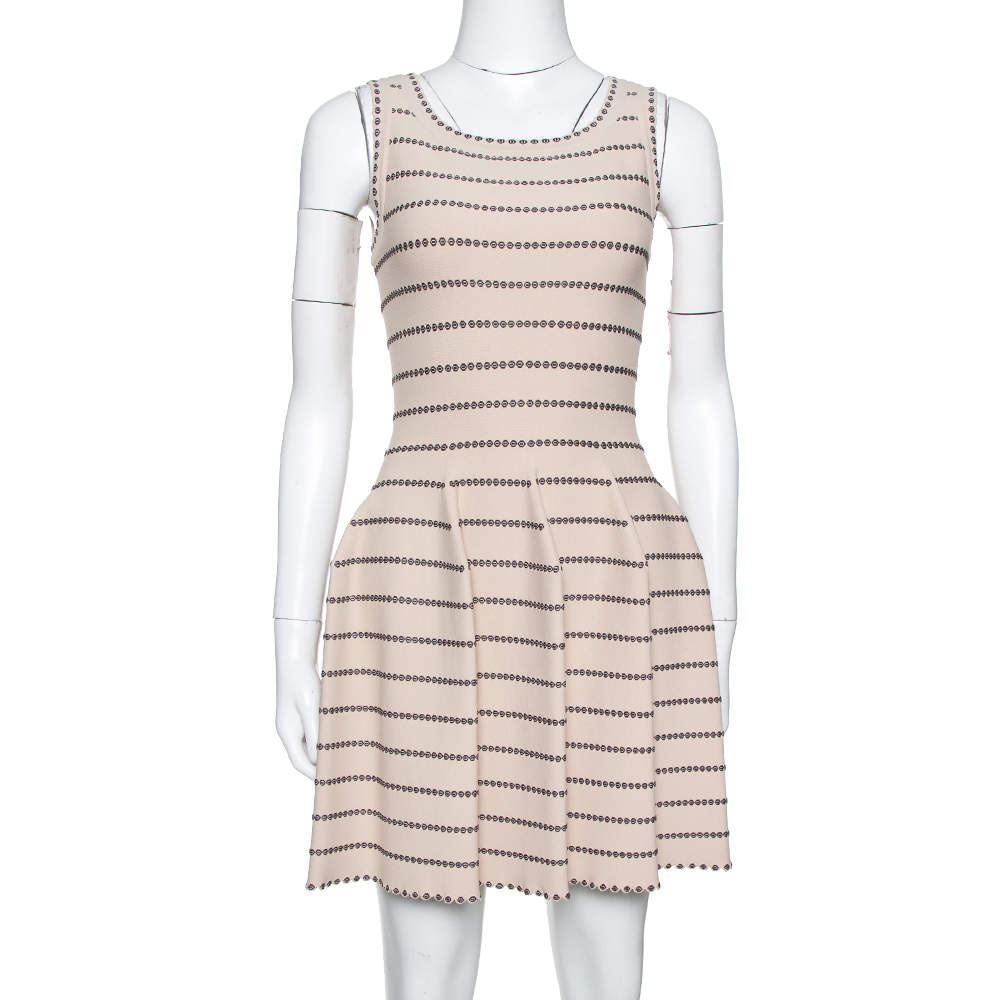 Pre Owned Alaia Beige & Brown Dotted Knit Fit & Flare Dress S