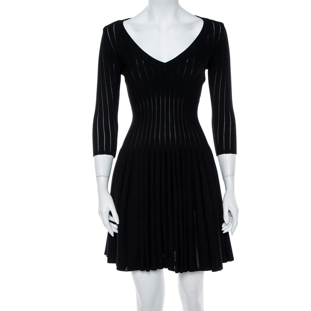 Pre Owned Alaia Black Perforated Rib Knit Fit & Flare Dress M