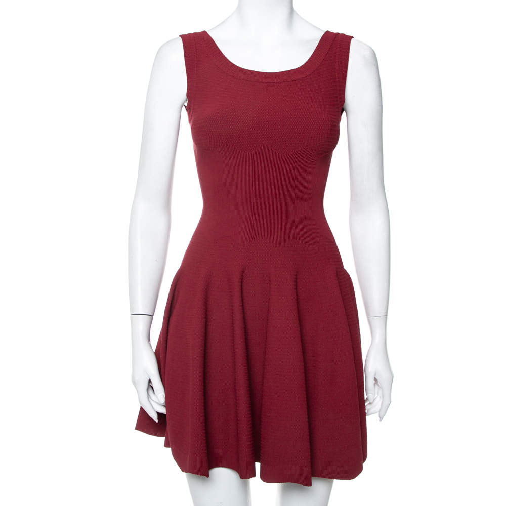 Pre Owned Alaia Burgundy Knit Sleeveless Skater Dress S