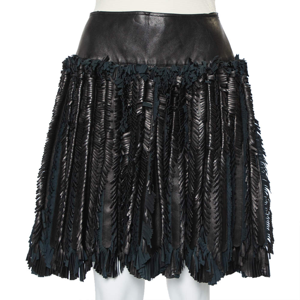 Pre Owned Alaia Black Leather Fringed Detail Mini Skirt M