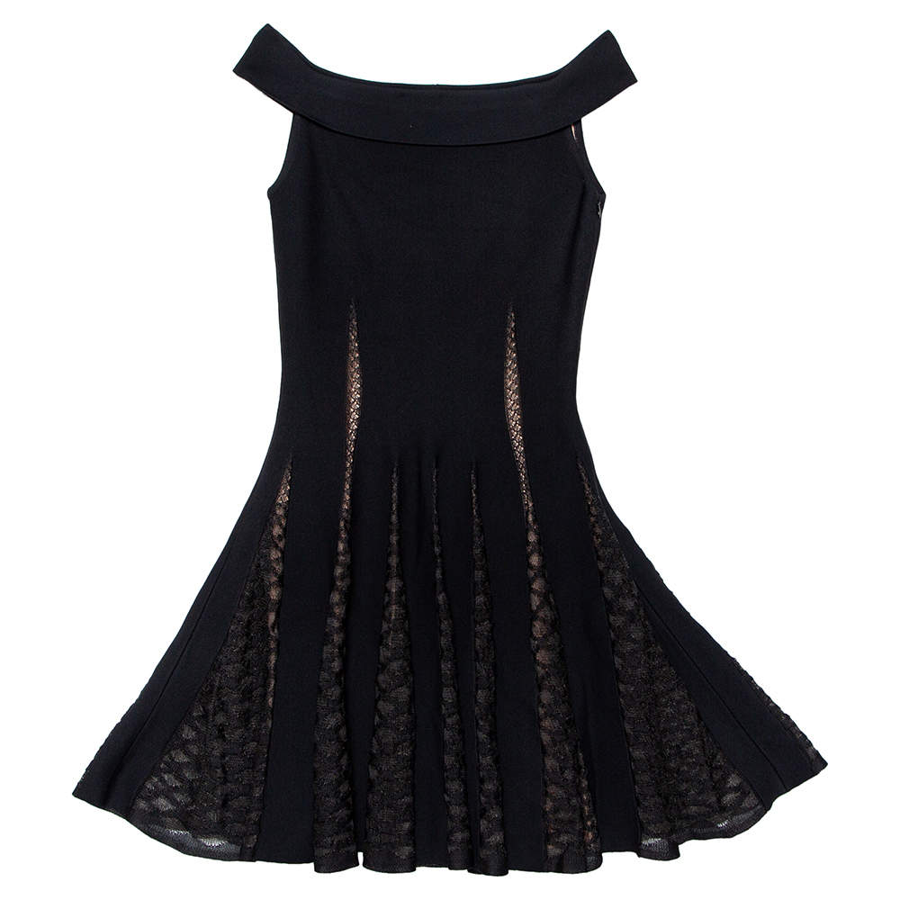 Pre Owned Alaia Black Knit & Lace Paneled Off-Shoulder Mini Dress M