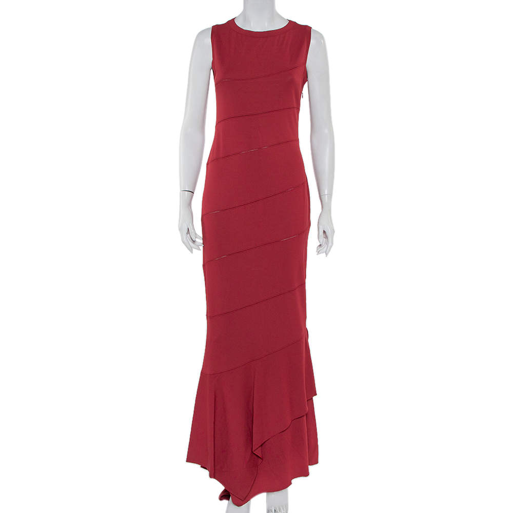 Pre Owned Alaia Burgundy Knit Paneled Sleeveless Maxi Dress L