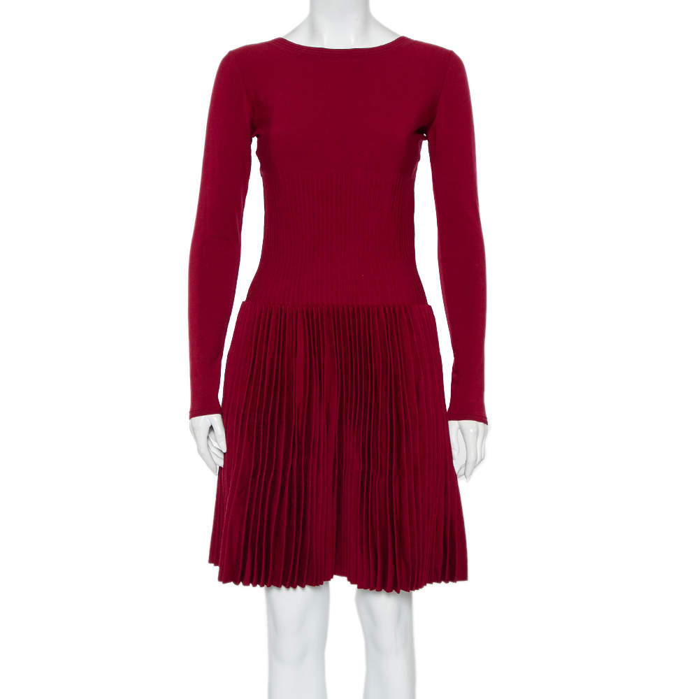 Pre Owned Alaia Burgundy Wool Pleated Mini Dress L