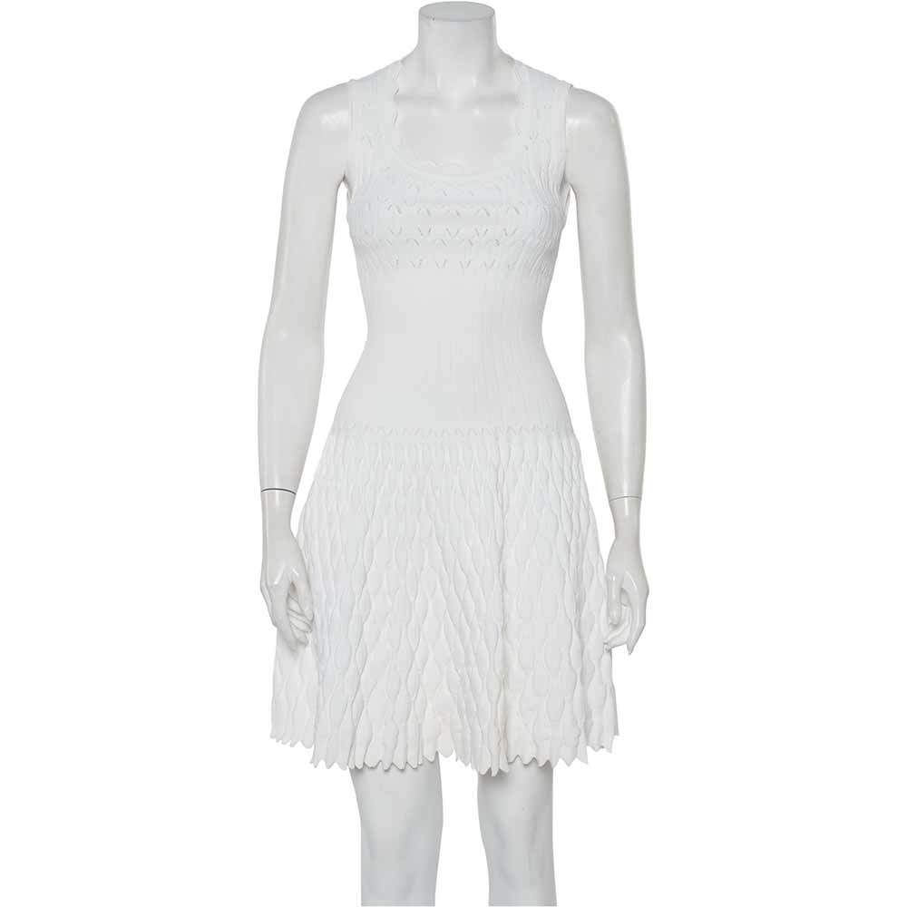 Pre Owned Alaia White Structured Knit Scalloped Detail Mini Dress S