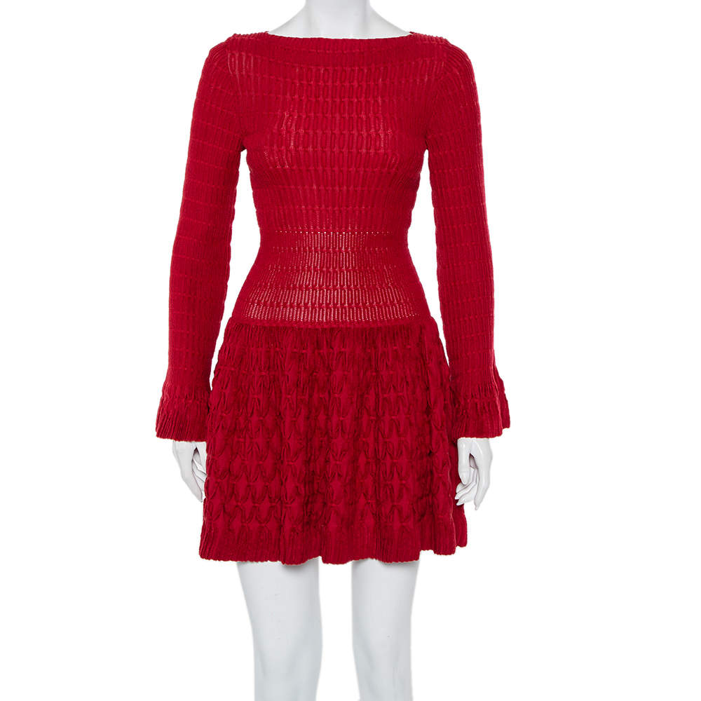 Alaia Red Chenille Wool Patterned Long Sleeve Skater Dress M