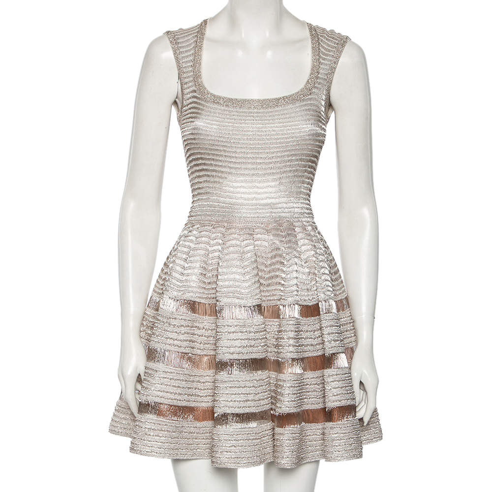 Pre Owned Alaia Silver Lurex Knit Flared Mini Dress M