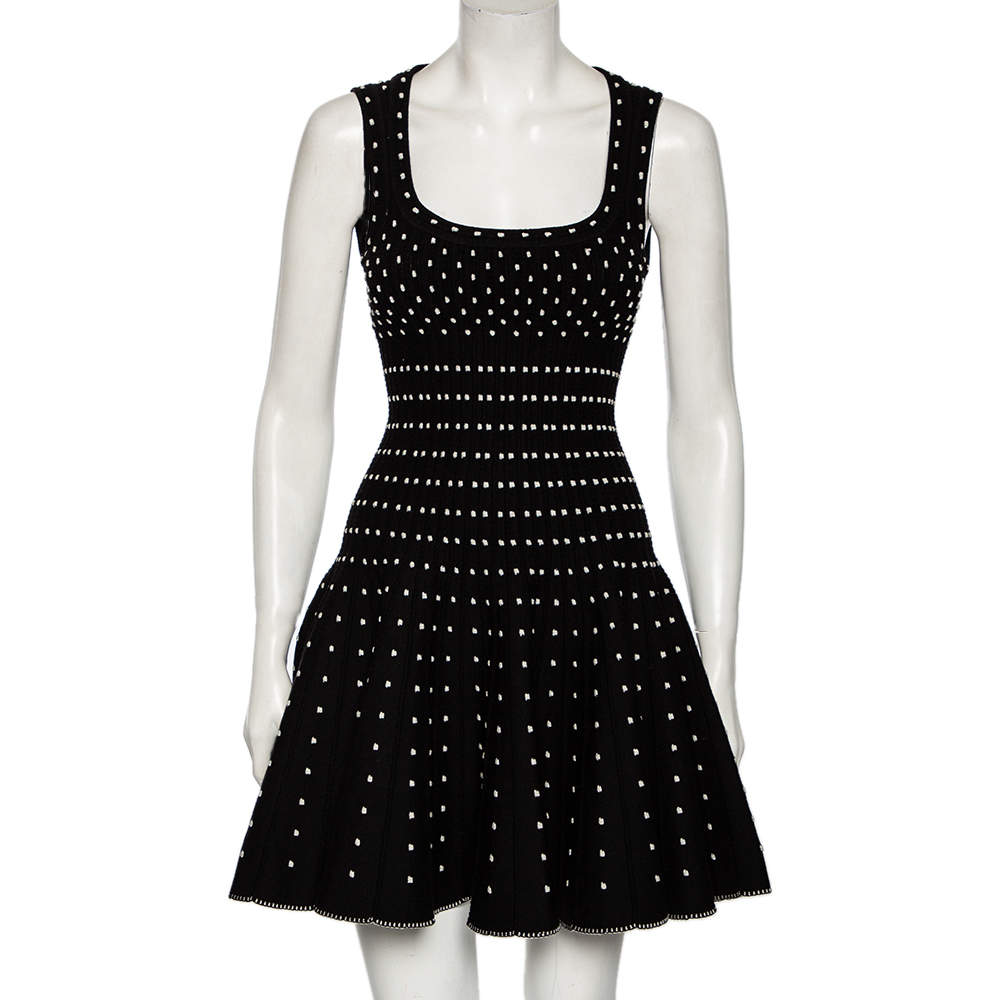 Pre Owned Alaia Black Wool Dobby Dotted Sleeveless Flared Dress M