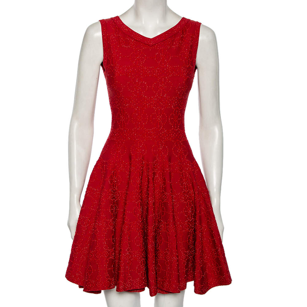 Pre Owned Alaia Red Lurex Jacquard Sleeveless Flared Dress M