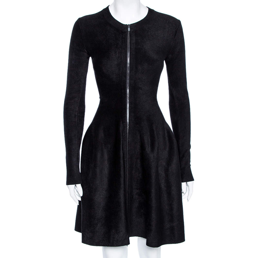 Pre Owned Alaia Black Blush Velvet Zip Front Flared Dress S