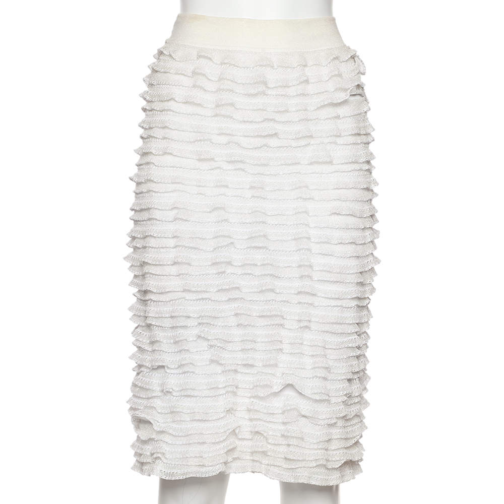 Pre Owned Alaia White Lurex Knit Ruffled Skirt XS