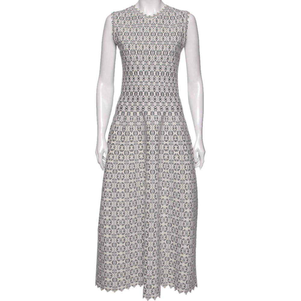 Pre Owned Alaia White Patterned Lurex Jacquard Sleeveless Midi Dress M