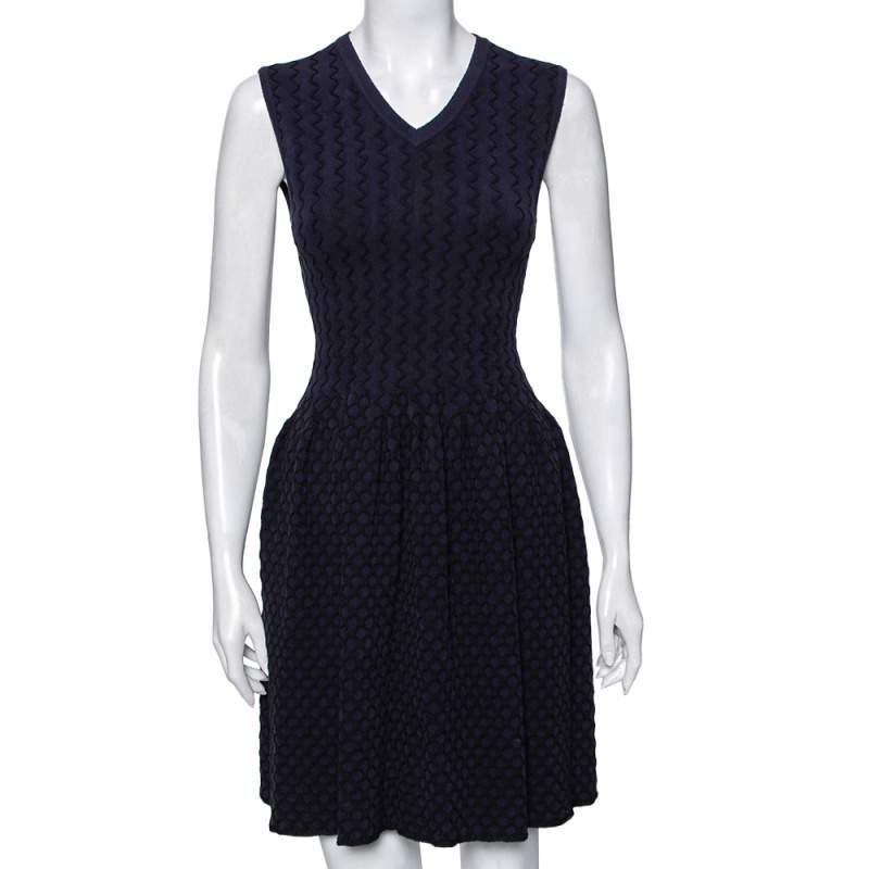 Alaia Navy Blue Patterned Stretch Knit Sleeveless Flared Dress S