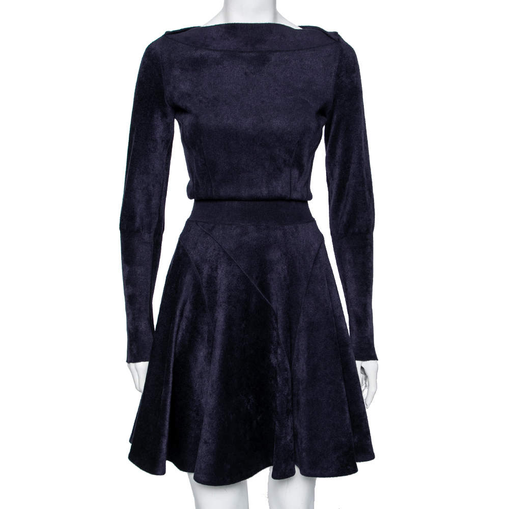 Pre Owned Alaia Blue Felt Knit Fit Flared Midi Dress S