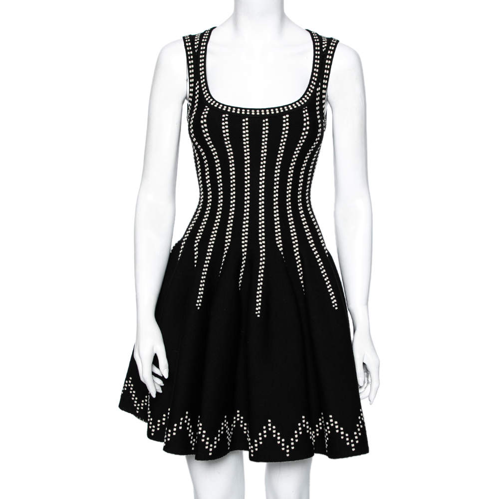 Pre Owned Alaia Black Wool Dobby Dotted Sleeveless Flared Dress S