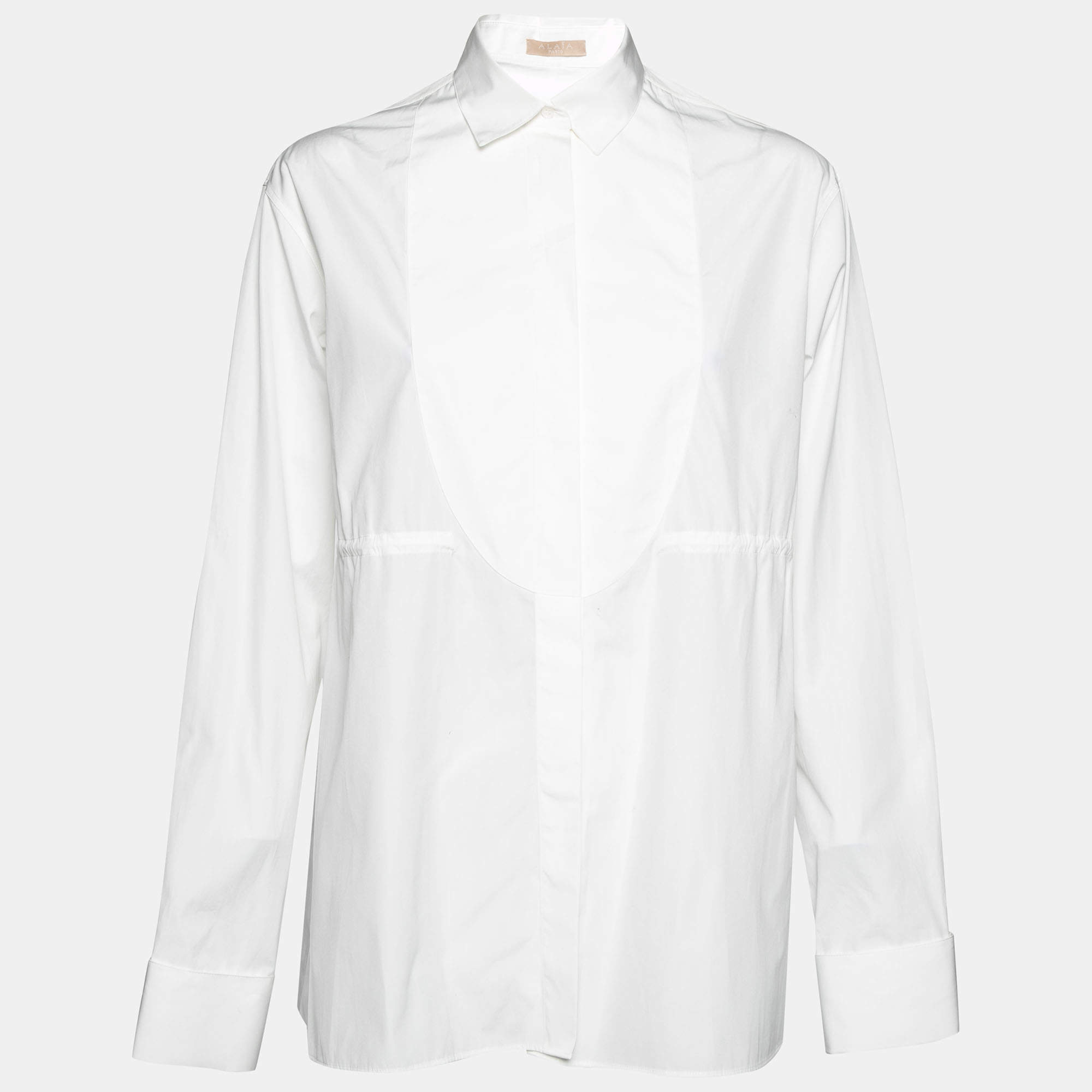 Pre Owned Alaia White Cotton Cinched Waist Embroidered Peplum Detailed Top M