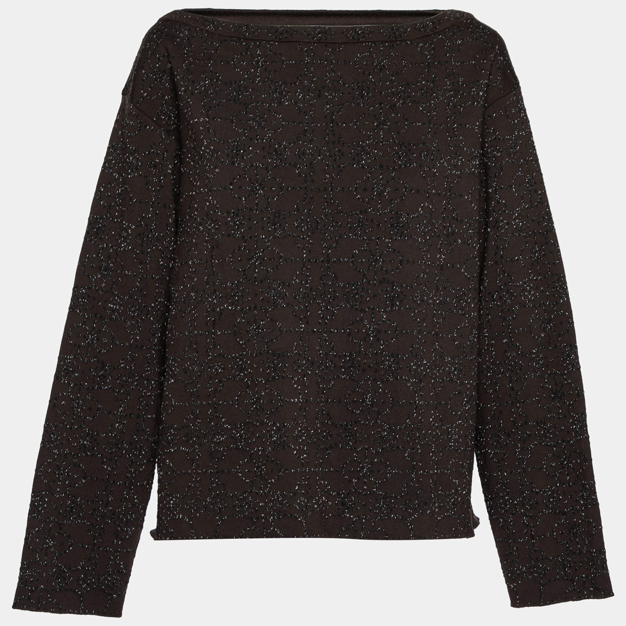 Pre Owned Alaia Dark Brown Wool Metallic Floral Embroidered Crew Neck Long Sleeve Top L