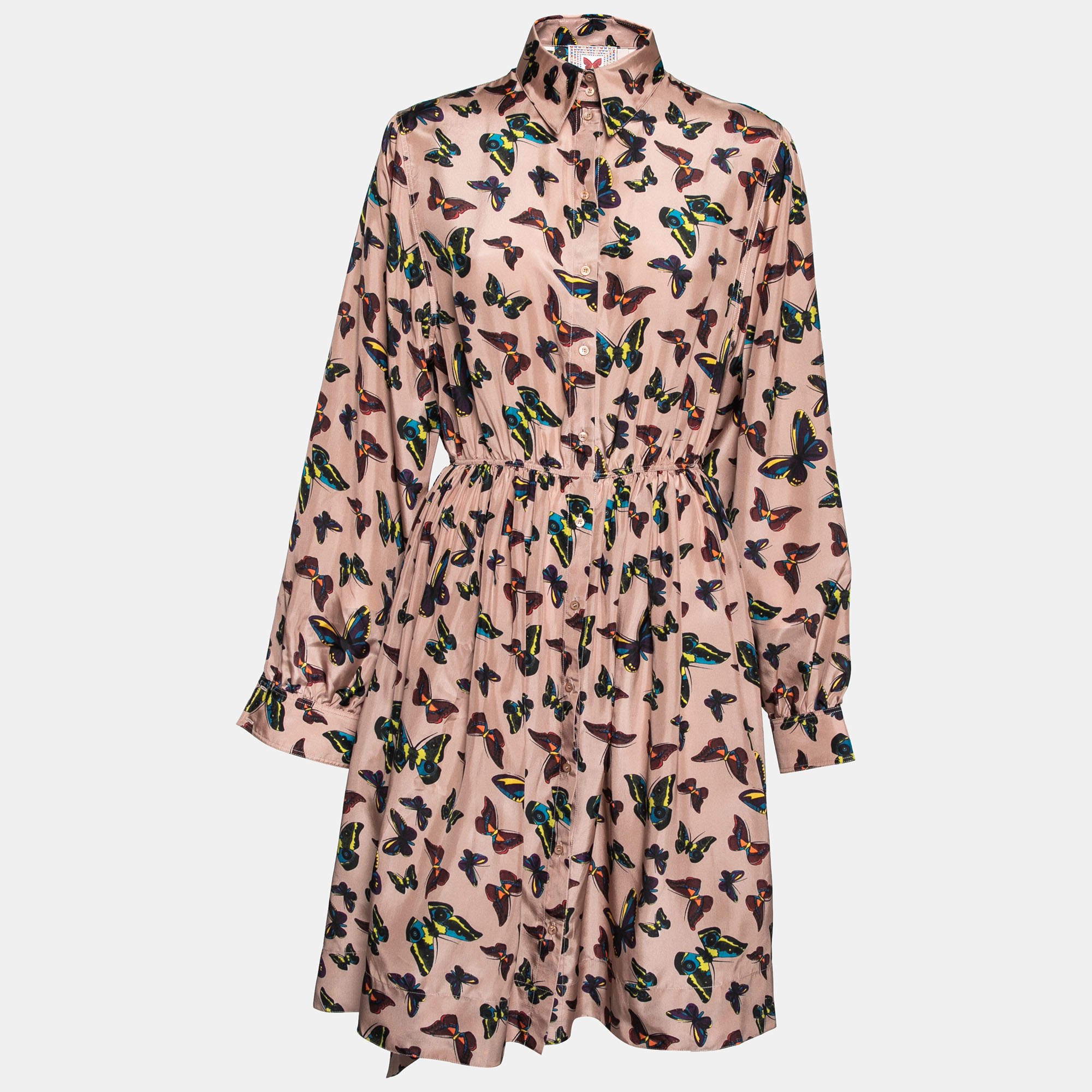 Pre Owned Alaia Beige Butterfly Printed Silk Cinched Waist Dress M 