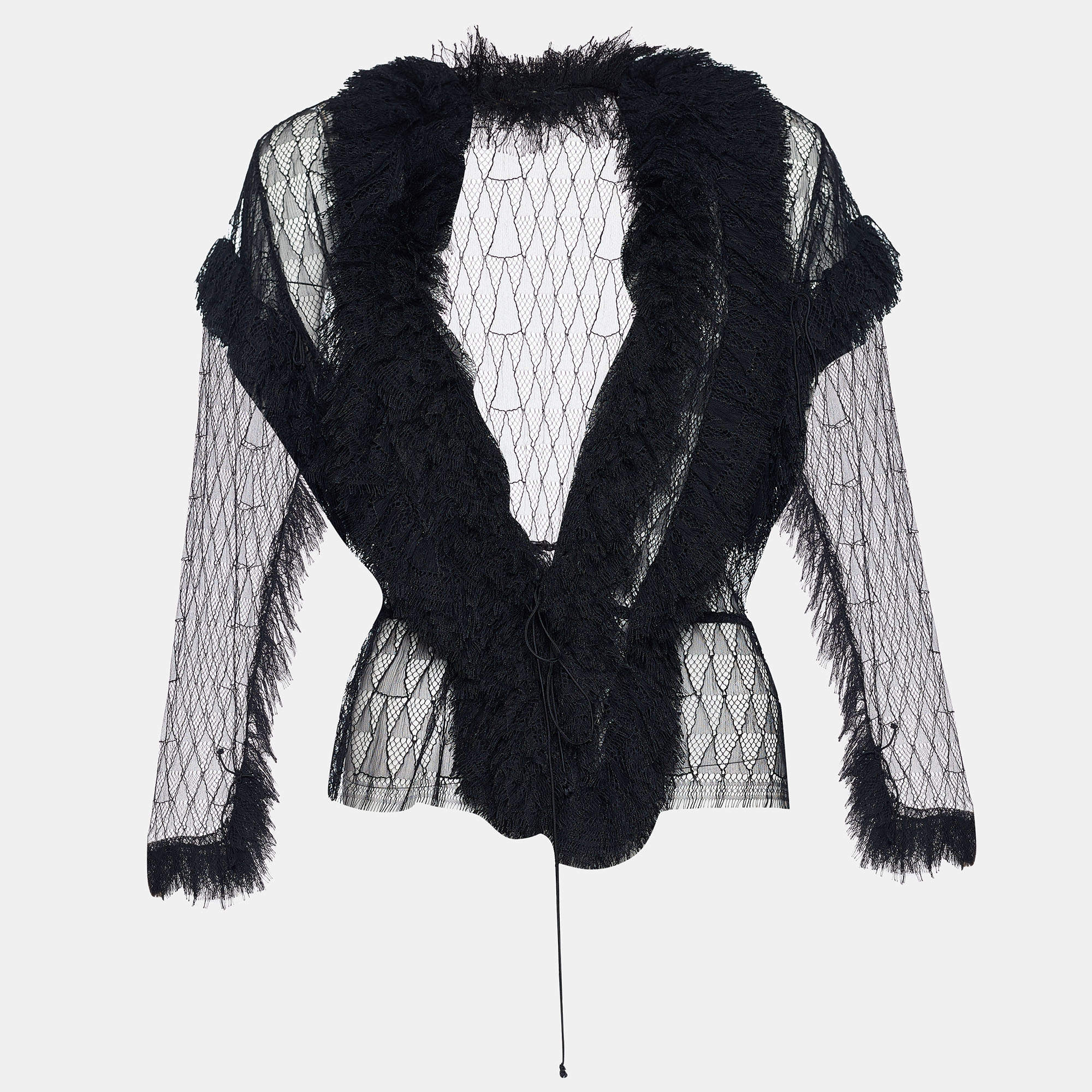 Pre Owned Alaia Black Lace Ruffled Tie-Up Detail Cropped Jacket M