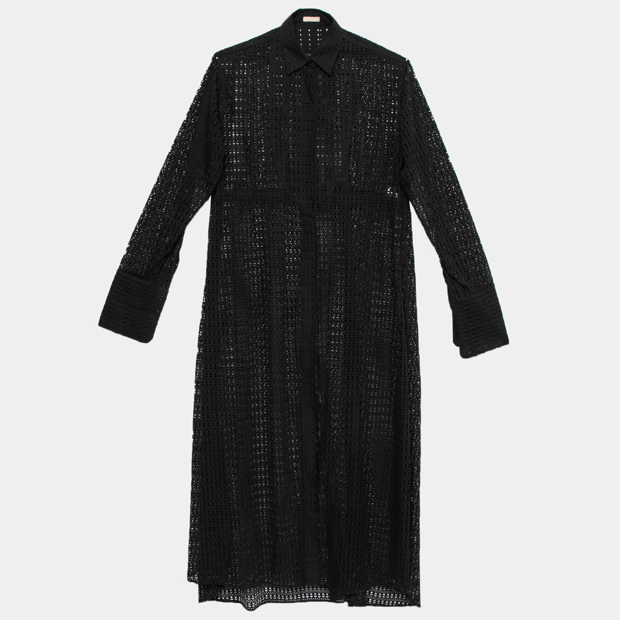 Pre Owned Alaia Black Patterned Laser Cut Cotton Shirt Dress M
