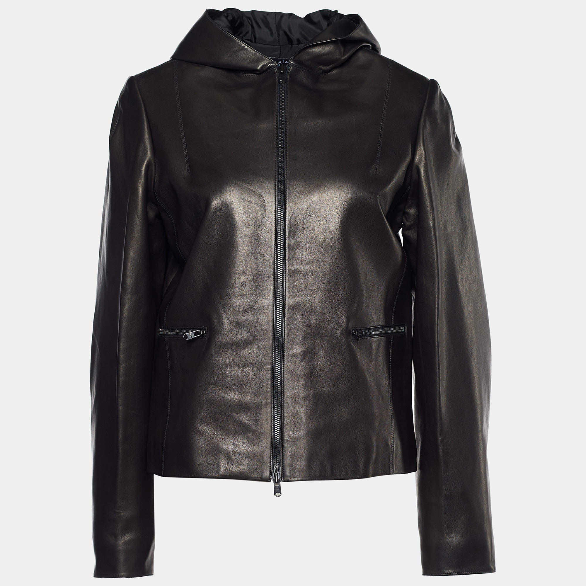 Pre Owned Alaia Brown Leather Zip Front Hooded Jacket M