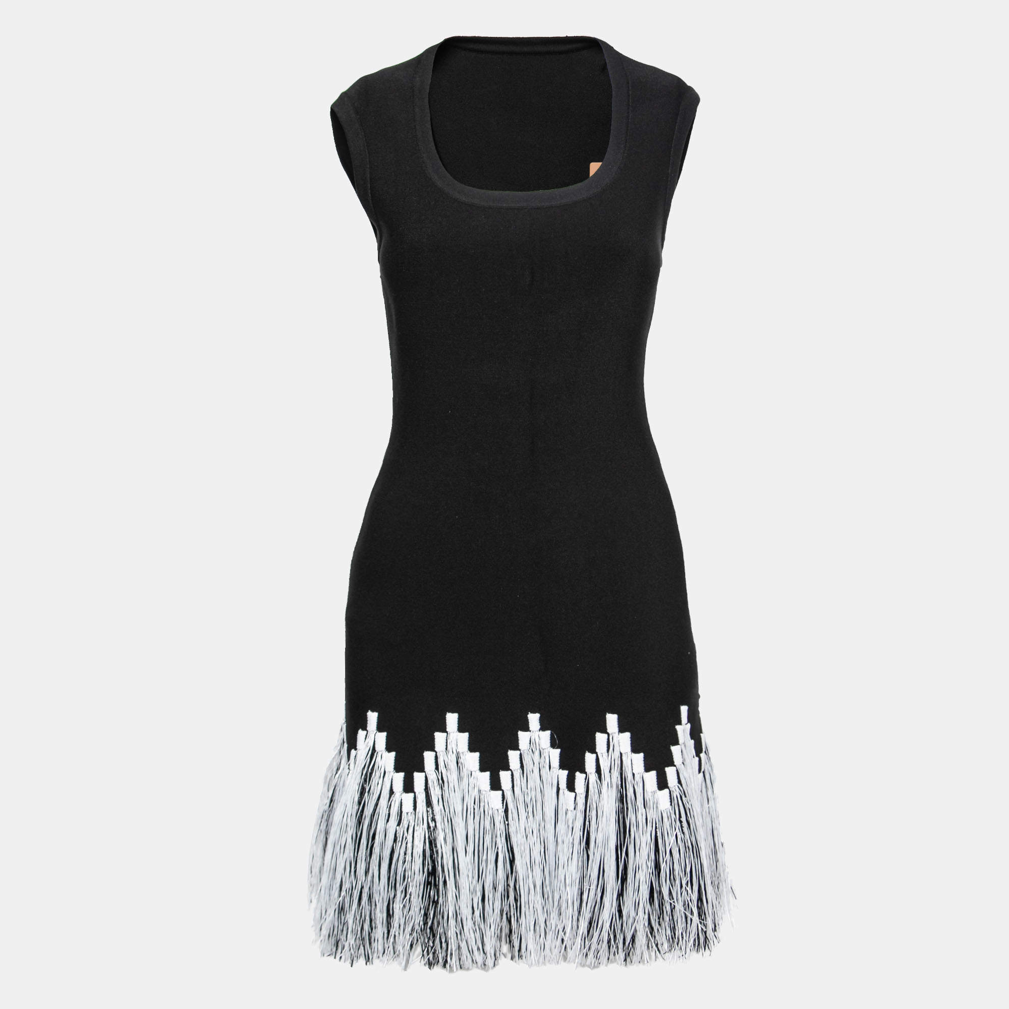 Pre Owned Alaia Black Stretch Knit Sleeveless Raffia Fringed Dress L