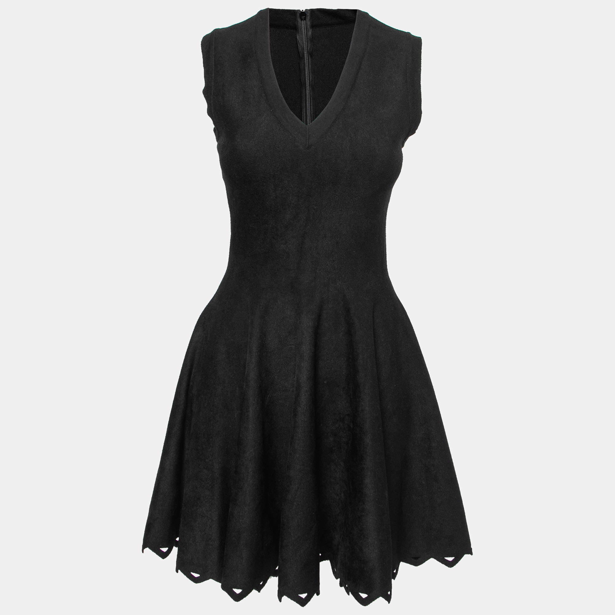 Pre Owned Alaia Black Blush Velvet Laser Cut Hem Detail Sleeveless Dress M