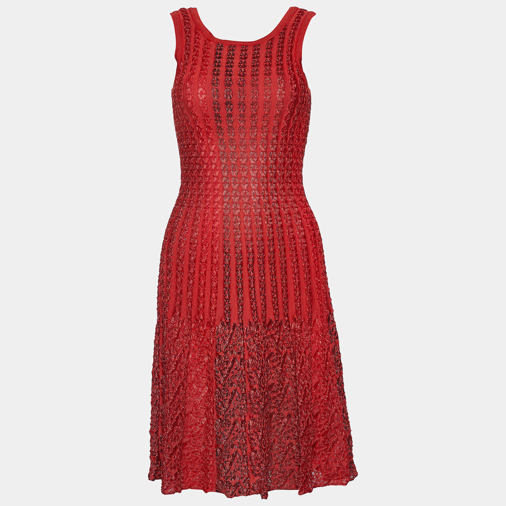 Pre Owned Alaia Red Textured Knit Pleated Fit & Flare Dress M