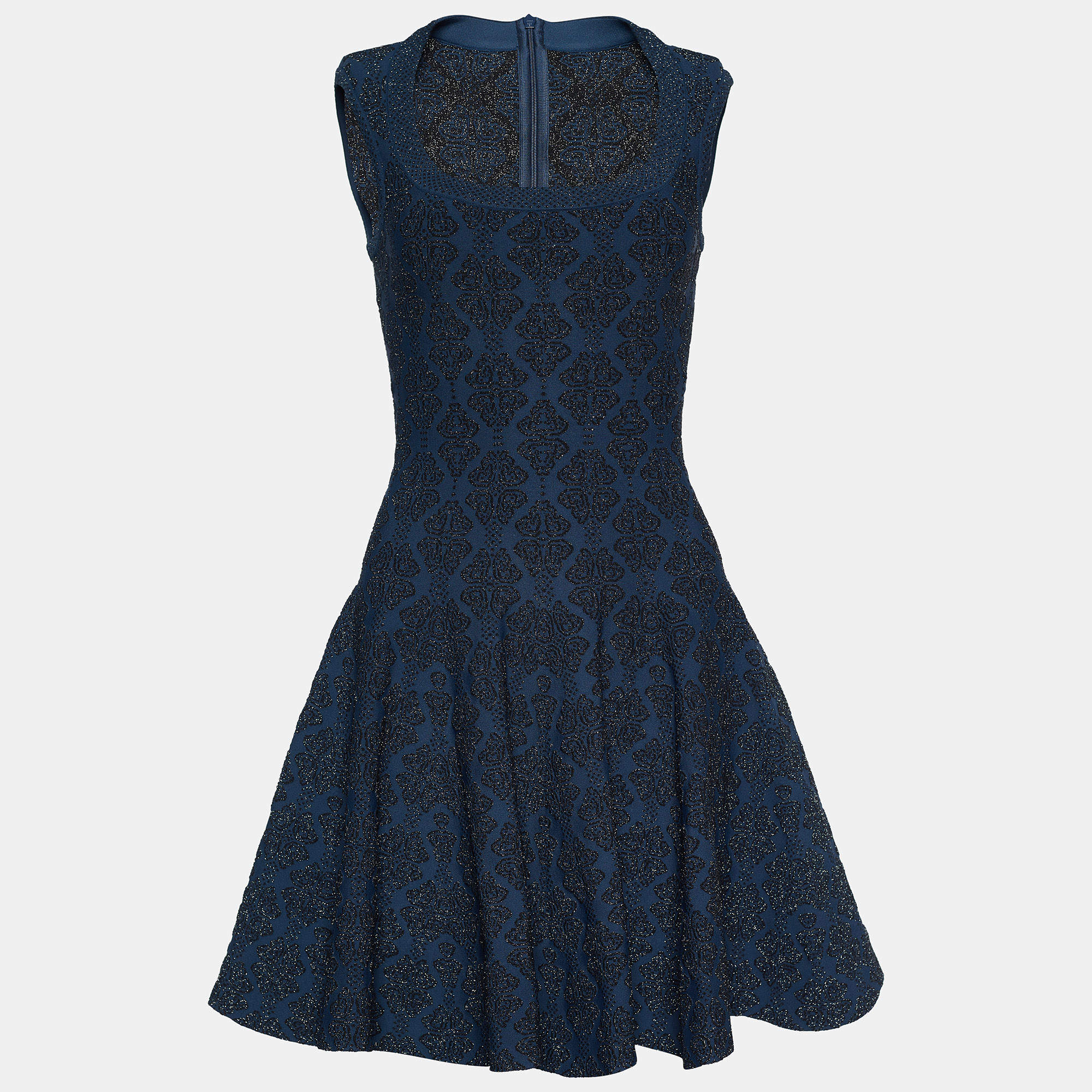 Pre Owned Alaia Midnight Blue Lurex Jacquard Knit Fit & Flare Dress M
