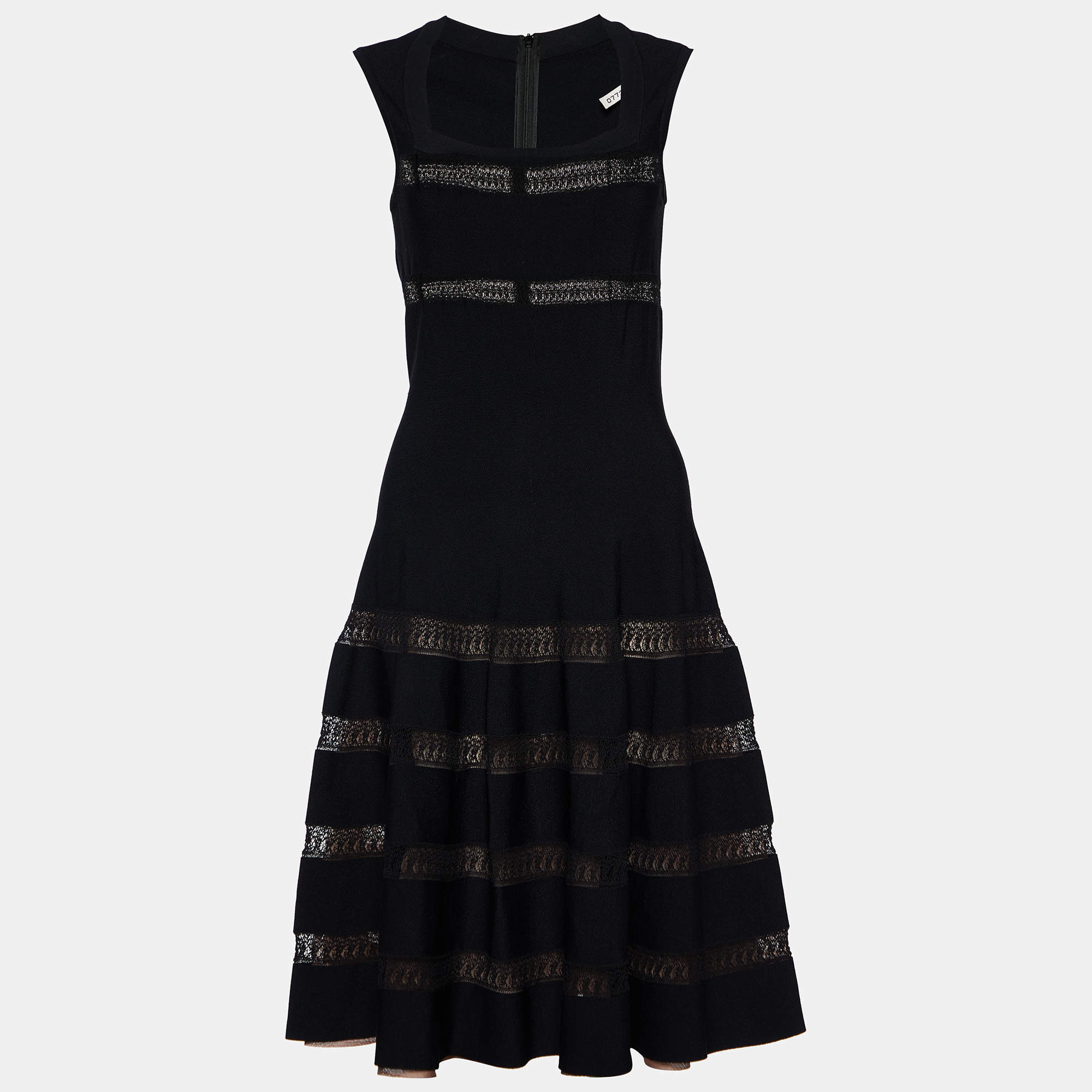 Pre Owned Alaia Black Pointelle Knit Detail Flared Dress M